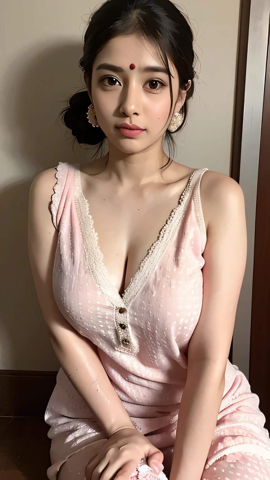 A very young Indian housewife, desi Indian face, realistic face of a beautiful Indian housewife, sitting on floor, her back on wall, leaning back on a wall, desi household, proper lighting on face, dynamic lighting, gradient background. Super curvy figure, well-defined curves, cleavage slightly visible, with beautiful breasts, mature breasts, gigantic breasts, perfectly shaped real breasts, chubby figure. Photorealistic, hyperrealistic, ultra-realistic real-life woman, ultra 4k quality, 8k, high resolution, ultra-detailed, Hd image quality, 4k image. Detailed face, cutest face, most beautiful, pretty and delicately gorgeous, beautiful detailed eyes, perfect shaped eyes, long eyelashes, detailed lips, perfect closed lips, proper upper lips, symmetrical curvy lips, extremely detailed skin, realistic skin texture, shiny wet skin, extreme sweat all over skin, detailed sweaty skin, sweating heavily, sweat on belly, (soaked in sweat :1.2). Her hands are perfectly shaped, perfect fingers, perfectly shaped head features. Cinematic lighting, dramatic lighting, bright light. Indian bridal makeup, beautiful makeup face, heavy face makeup, eyeliner kajal, eye makeup, red bindi on forehead, curly hairbun, hairstyle, light jewelry. Wearing a plain sleeveless kurti, simple cotton kurti typical of Indian housewives’ home wear, lightweight breathable cotton fabric, minimal design with subtle hand-stitched embroidery, delicate floral embroidery near neckline and hem, sleeveless kurti with a straight comfortable cut, front fabric buttons on chest, soft cotton dupatta with plain borders and slight lace trim, kurti colour palette: pink, floral design on kurti, highly detailed floral kurti, laced kurti, comfortable loose fit kurti enhancing curves, perfect kurti covering body properly, paired with fitted cotton churidar pants in a matching shade, show half body, realistic body, gigantic oily breasts, hands above head, dirty armpit, highly detailed armpit, flower garland stuck in hair