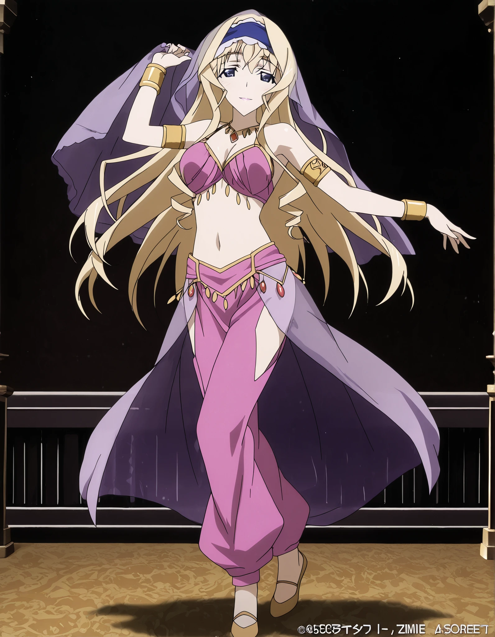 (1girl:1 . 5) , (Seul:1 . 5) , score_9 , score_8_haut , score_7_haut , source_anime , Official work , ultra-detailed , masterpiece , better quality , high resolution , beaux yeux , detailed eyes , Detailed face , beautiful detailed eyes ,Infinite Stratos,Cecilia Alcott,Arabian Clothes , Arabian Dancer ,belly dancer costume,belly dancer outfit ,full body,golden jewelery,armlet, belly dancing,arabian theater,seductive smile, dancing with veil, dynamic movement,dance posture, pose
