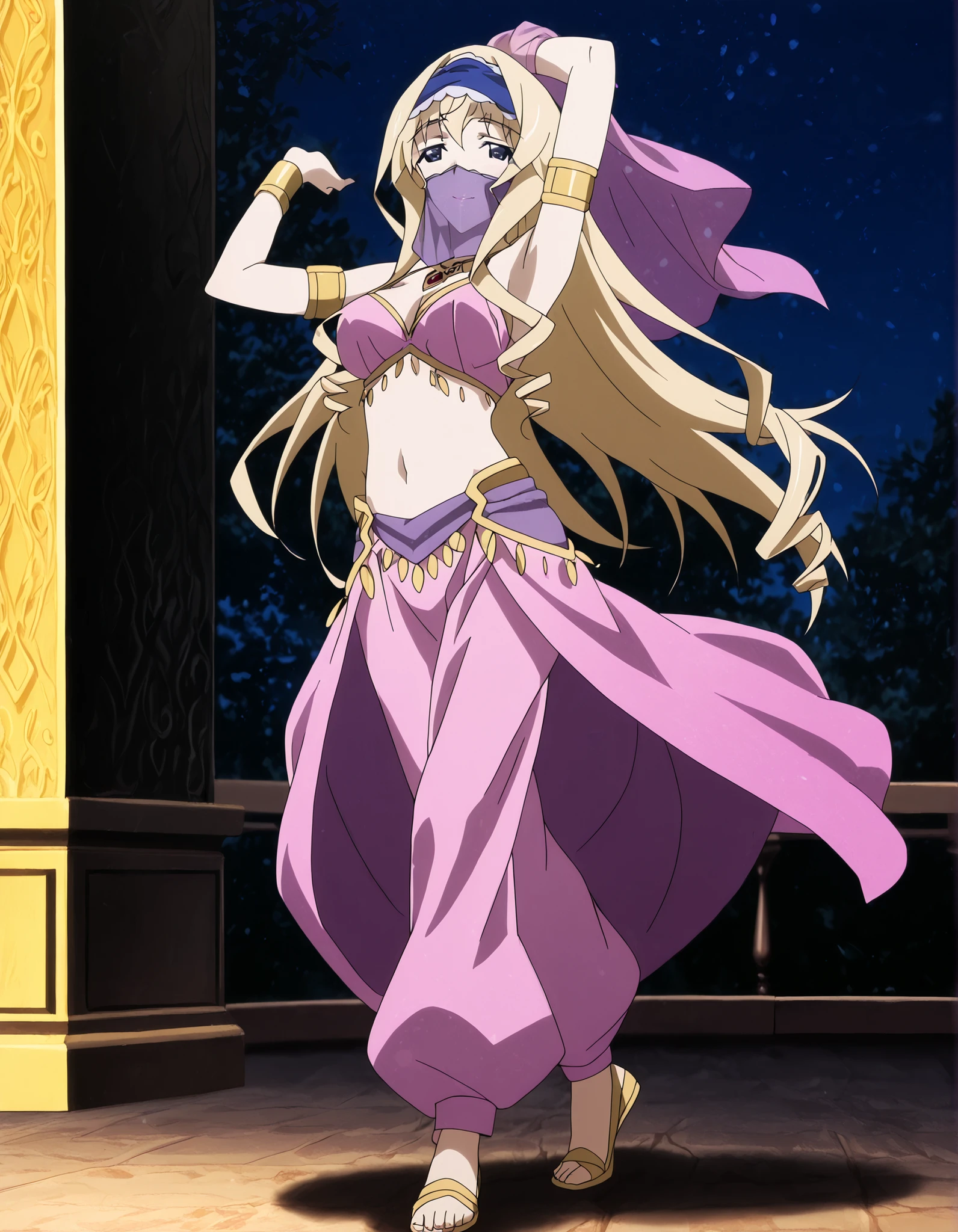 (1girl:1 . 5) , (Seul:1 . 5) , score_9 , score_8_haut , score_7_haut , source_anime , Official work , ultra-detailed , masterpiece , better quality , high resolution , beaux yeux , detailed eyes , Detailed face , beautiful detailed eyes ,Infinite Stratos,Cecilia Alcott,Arabian Clothes , Arabian Dancer ,belly dancer costume,belly dancer outfit ,full body,golden jewelery,mouth veil,armlet, belly dancing,night,arabian garden,seductive smile, dancing with veil, dynamic movement,dance posture, pose