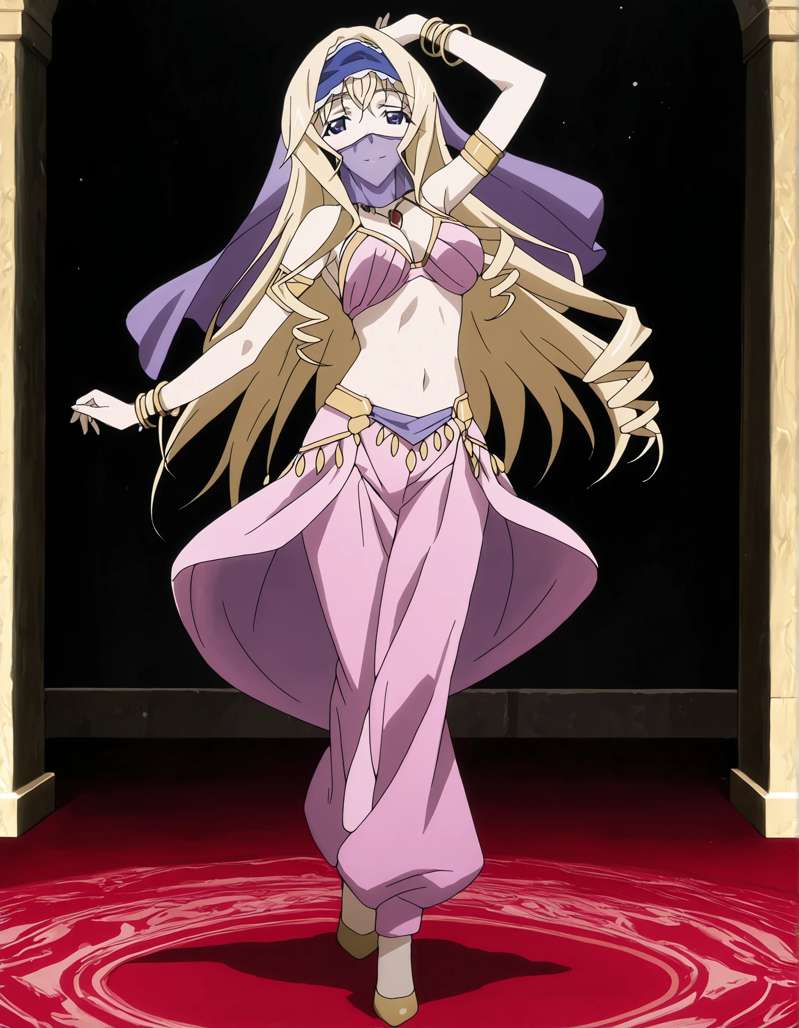(1girl:1 . 5) , (Seul:1 . 5) , score_9 , score_8_haut , score_7_haut , source_anime , Official work , ultra-detailed , masterpiece , better quality , high resolution , beaux yeux , detailed eyes , Detailed face , beautiful detailed eyes ,Infinite Stratos,Cecilia Alcott,Arabian Clothes , Arabian Dancer ,belly dancer costume,belly dancer outfit ,full body,golden jewelery,mouth veil,armlet, belly dancing,arabian garden,seductive smile, dancing with veil, dynamic movement,dance posture, pose