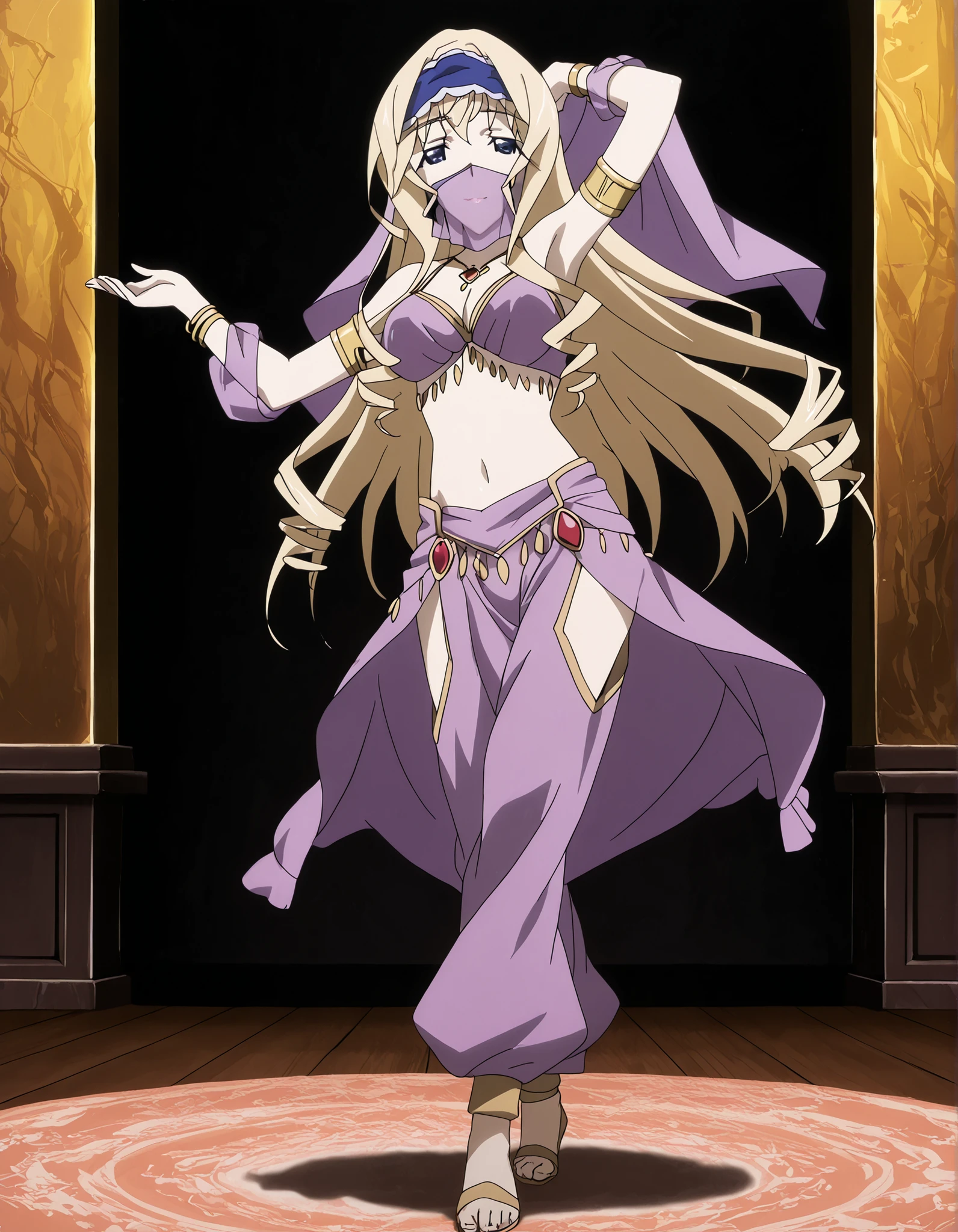 (1girl:1 . 5) , (Seul:1 . 5) , score_9 , score_8_haut , score_7_haut , source_anime , Official work  , ultra-detailed , masterpiece , better quality , high resolution , beaux yeux , detailed eyes , Detailed face , beautiful detailed eyes ,Infinite Stratos,Cecilia Alcott,Arabian Clothes , Arabian Dancer ,belly dancer costume,belly dancer outfit ,full body,golden jewelery,mouth veil,armlet, belly dancing,arabian garden,seductive smile, dancing with veil, dynamic movement,dance posture,  pose