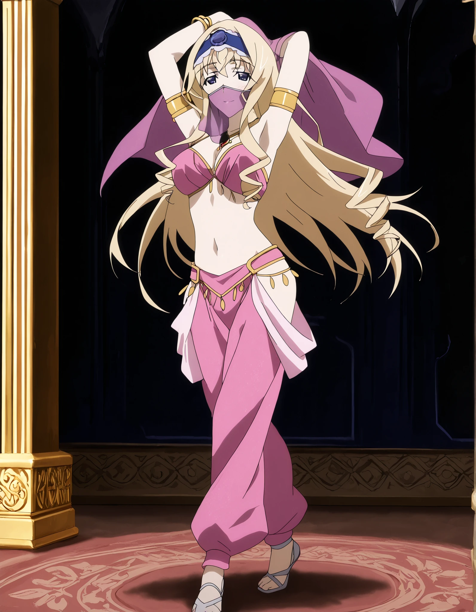 (1girl:1 . 5) , (Seul:1 . 5) , score_9 , score_8_haut , score_7_haut , source_anime , Official work , ultra-detailed , masterpiece , better quality , high resolution , beaux yeux , detailed eyes , Detailed face , beautiful detailed eyes ,Infinite Stratos,Cecilia Alcott,Arabian Clothes , Arabian Dancer ,belly dancer costume,belly dancer outfit ,full body,golden jewelery,mouth veil,armlet, belly dancing,arabian garden,seductive smile, dancing with veil, dynamic movement,dance posture, pose
