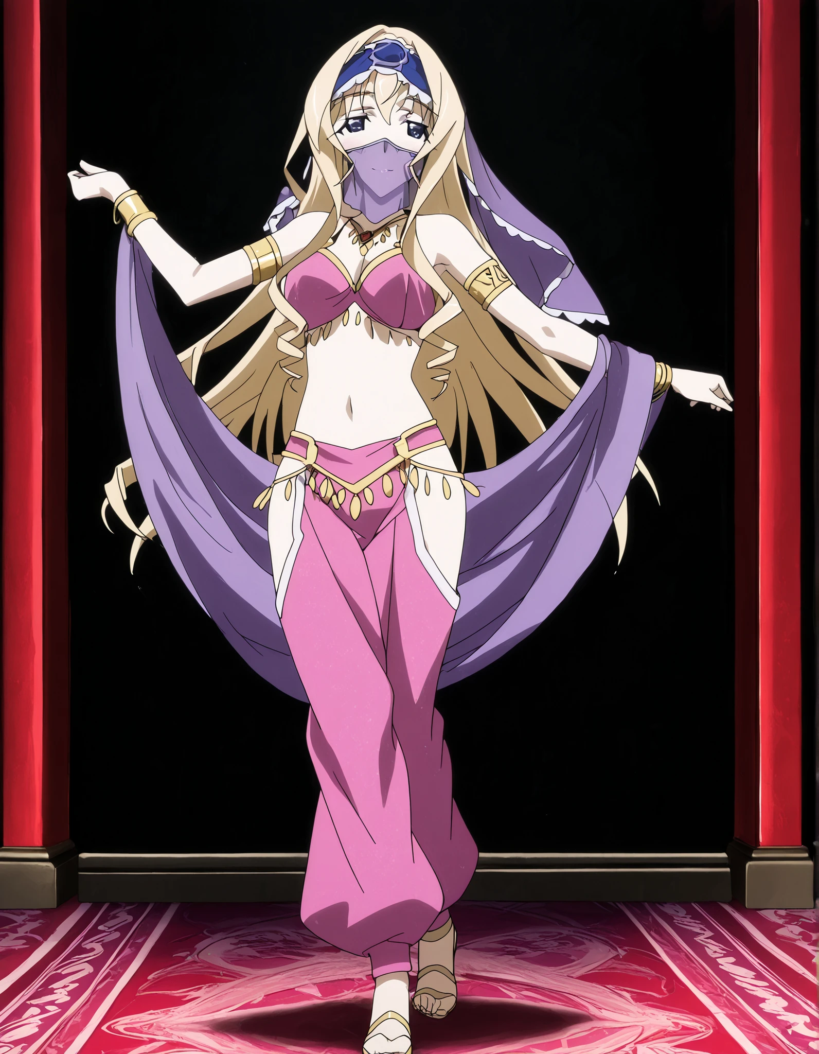 (1girl:1 . 5) , (Seul:1 . 5) , score_9 , score_8_haut , score_7_haut , source_anime , Official work , ultra-detailed , masterpiece , better quality , high resolution , beaux yeux , detailed eyes , Detailed face , beautiful detailed eyes ,Infinite Stratos,Cecilia Alcott,Arabian Clothes , Arabian Dancer ,belly dancer costume,belly dancer outfit ,full body,golden jewelery,mouth veil,armlet, belly dancing,arabian garden,seductive smile, dancing with veil, dynamic movement,dance posture, pose