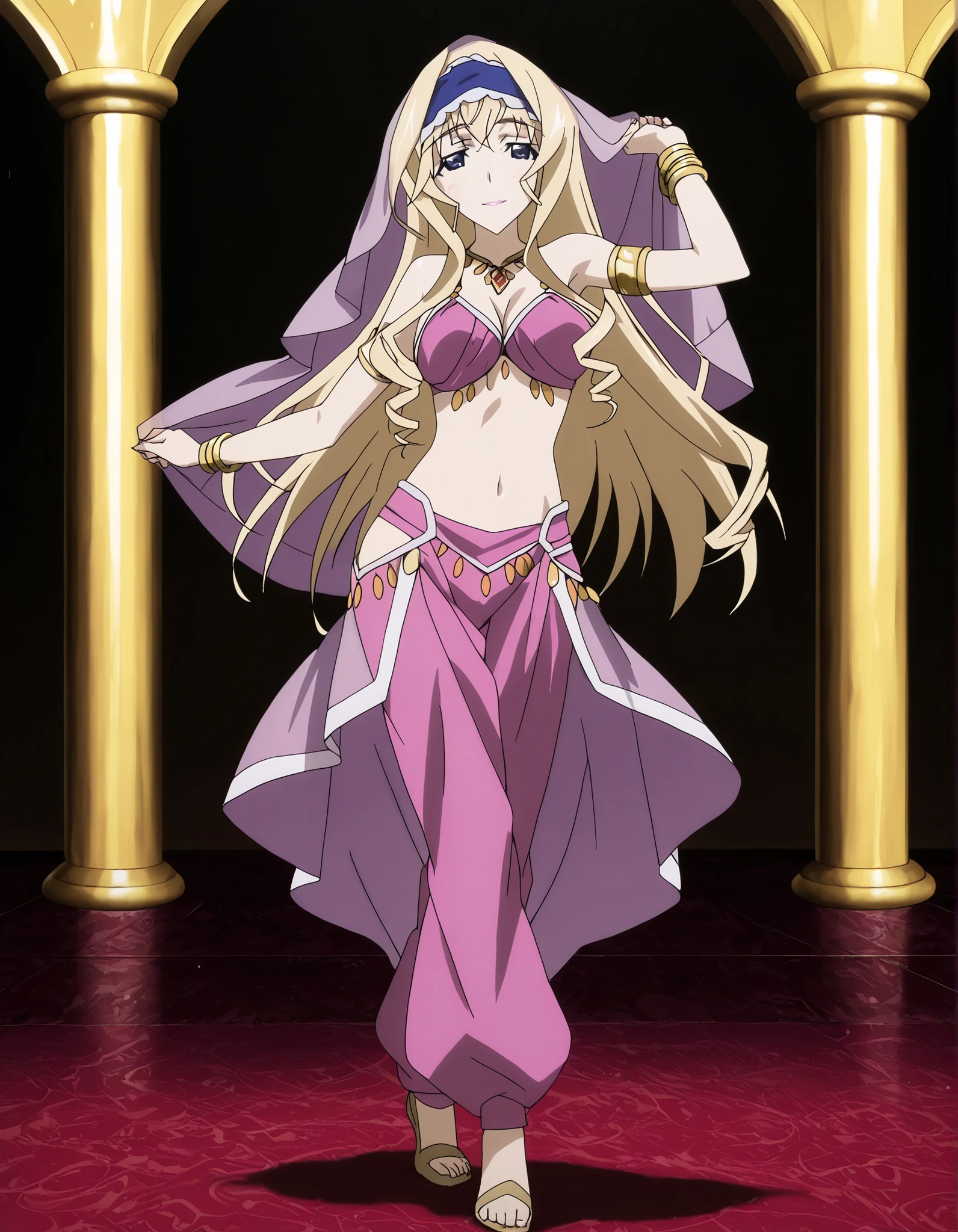 (1girl:1 . 5) , (Seul:1 . 5) , score_9 , score_8_haut , score_7_haut , source_anime , Official work , ultra-detailed , masterpiece , better quality , high resolution , beaux yeux , detailed eyes , Detailed face , beautiful detailed eyes ,Infinite Stratos,Cecilia Alcott,Arabian Clothes , Arabian Dancer ,belly dancer costume,belly dancer outfit ,full body,golden jewelery,armlet, belly dancing,arabian garden,seductive smile, dancing with veil, dynamic movement,dance posture, pose