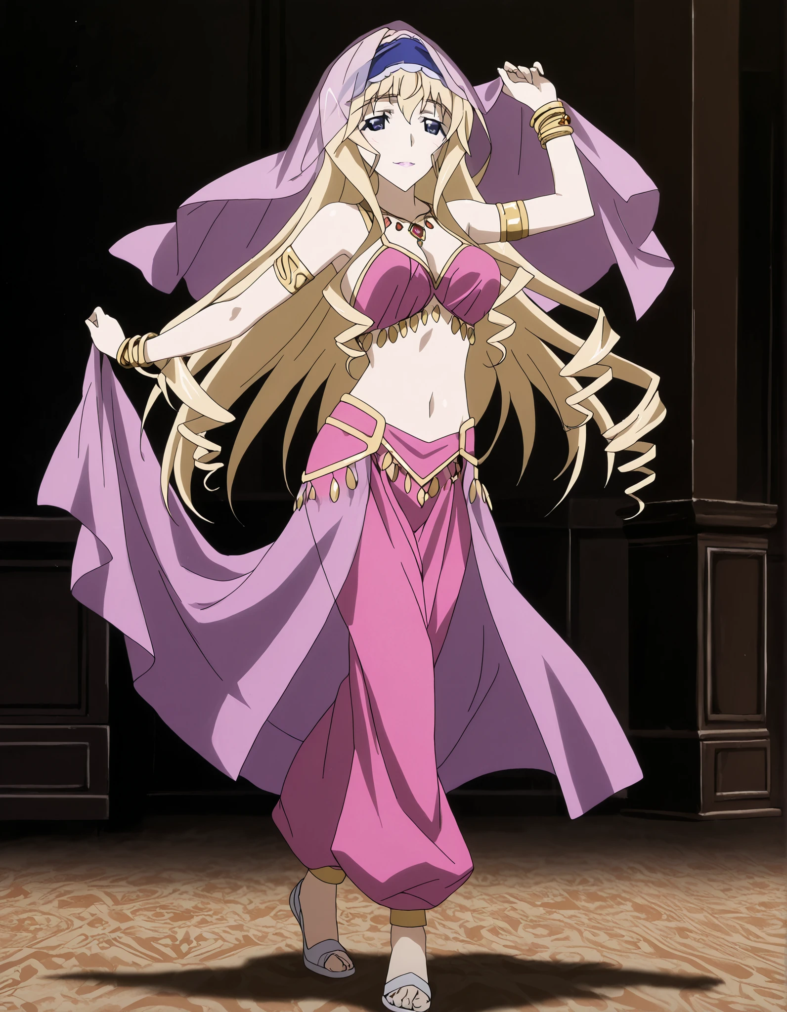 (1girl:1 . 5) , (Seul:1 . 5) , score_9 , score_8_haut , score_7_haut , source_anime , Official work , ultra-detailed , masterpiece , better quality , high resolution , beaux yeux , detailed eyes , Detailed face , beautiful detailed eyes ,Infinite Stratos,Cecilia Alcott,Arabian Clothes , Arabian Dancer ,belly dancer costume,belly dancer outfit ,full body,golden jewelery,armlet, belly dancing,arabian garden,seductive smile, dancing with veil, dynamic movement,dance posture, pose