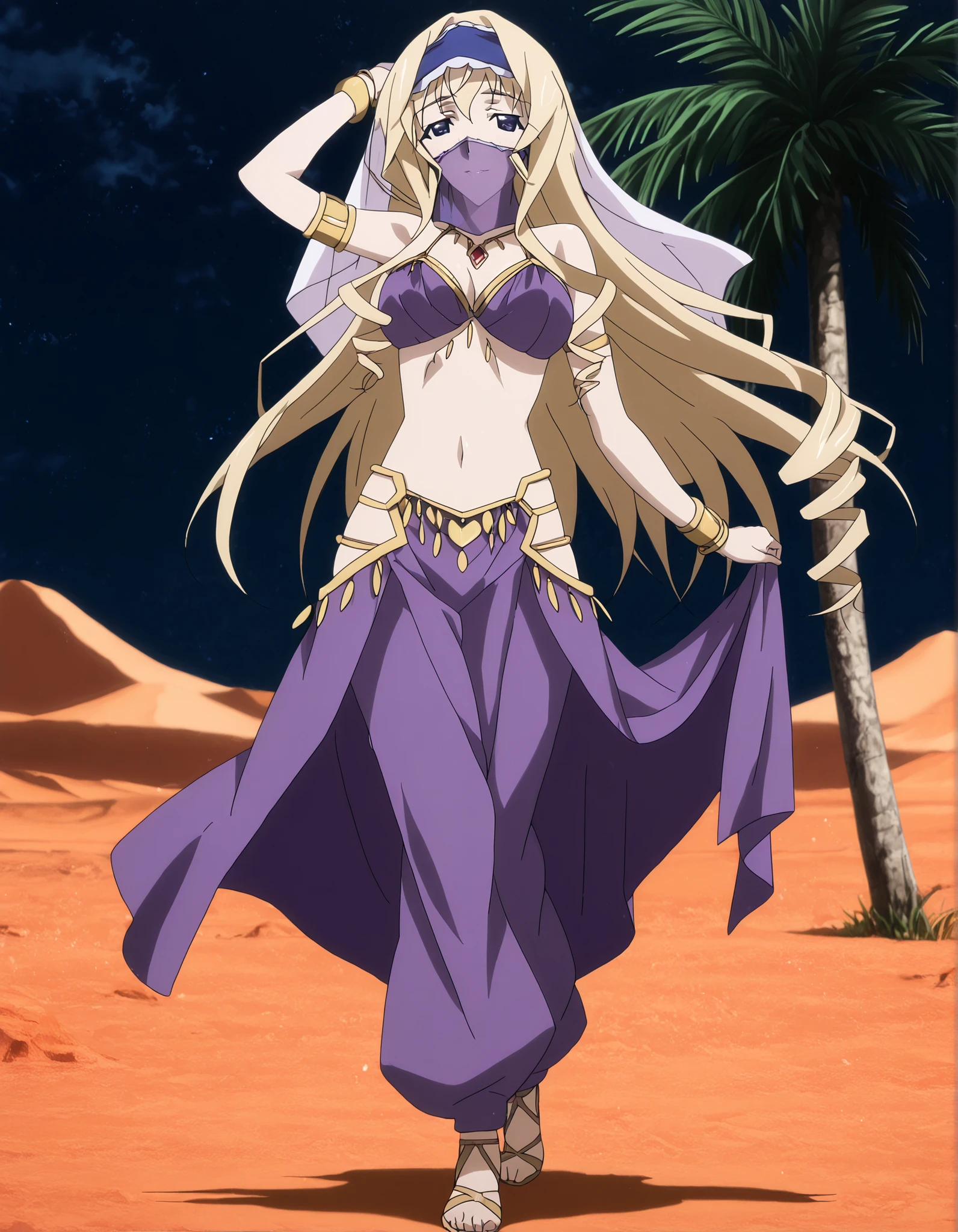 (1girl:1 . 5) , (Seul:1 . 5) , score_9 , score_8_haut , score_7_haut , source_anime , Official work , ultra-detailed , masterpiece , better quality , high resolution , beaux yeux , detailed eyes , Detailed face , beautiful detailed eyes ,Infinite Stratos,Cecilia Alcott,Arabian Clothes , Arabian Dancer ,belly dancer costume,belly dancer outfit ,full body,golden jewelery,mouth veil,armlet, belly dancing,night,desert lands,palm tree,seductive smile, dancing with veil, dynamic movement,dance posture, pose