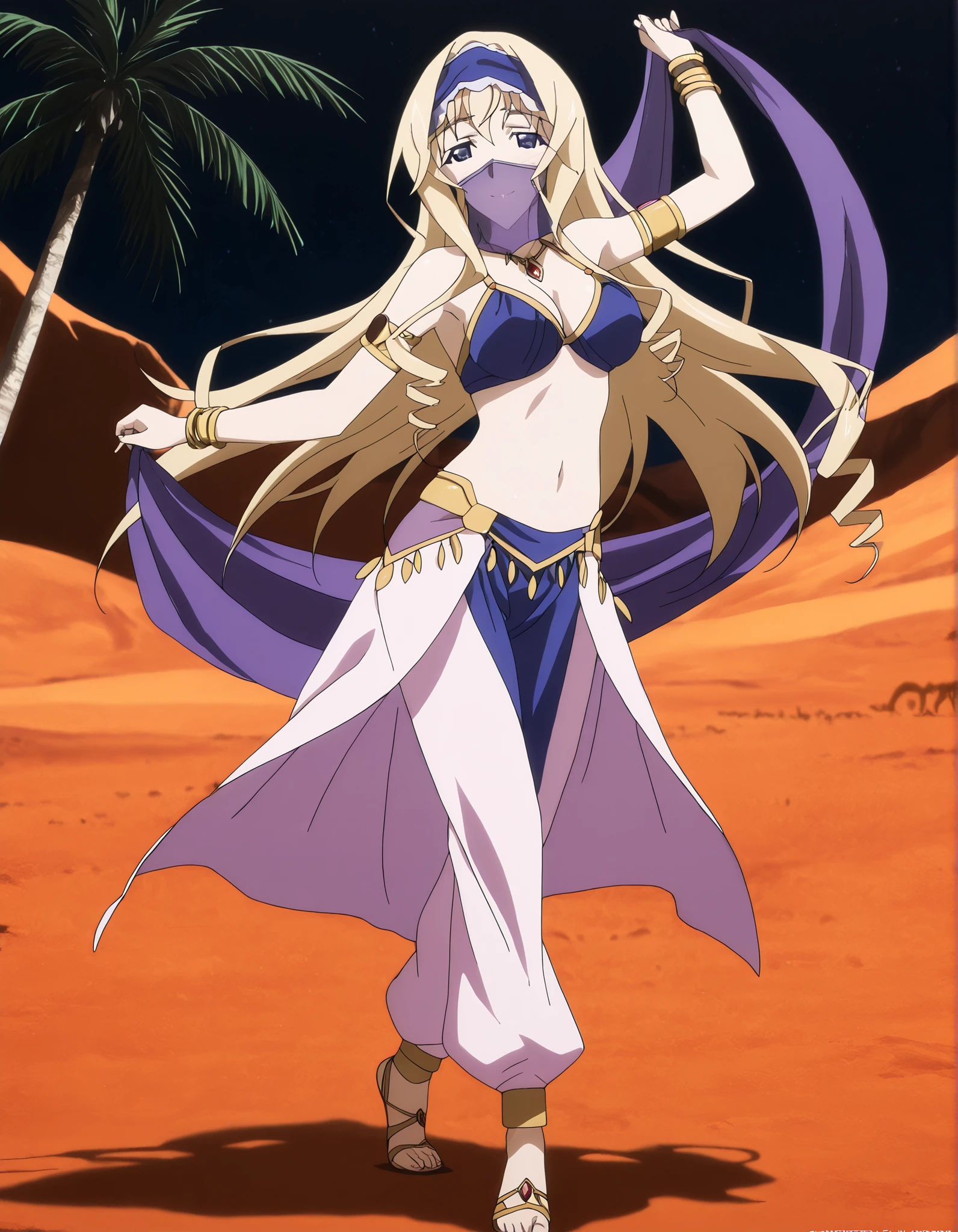 (1girl:1 . 5) , (Seul:1 . 5) , score_9 , score_8_haut , score_7_haut , source_anime , Official work , ultra-detailed , masterpiece , better quality , high resolution , beaux yeux , detailed eyes , Detailed face , beautiful detailed eyes ,Infinite Stratos,Cecilia Alcott,Arabian Clothes , Arabian Dancer ,belly dancer costume,belly dancer outfit ,full body,golden jewelery,mouth veil,armlet, belly dancing,night,desert lands,palm tree,seductive smile, dancing with veil, dynamic movement,dance posture, pose