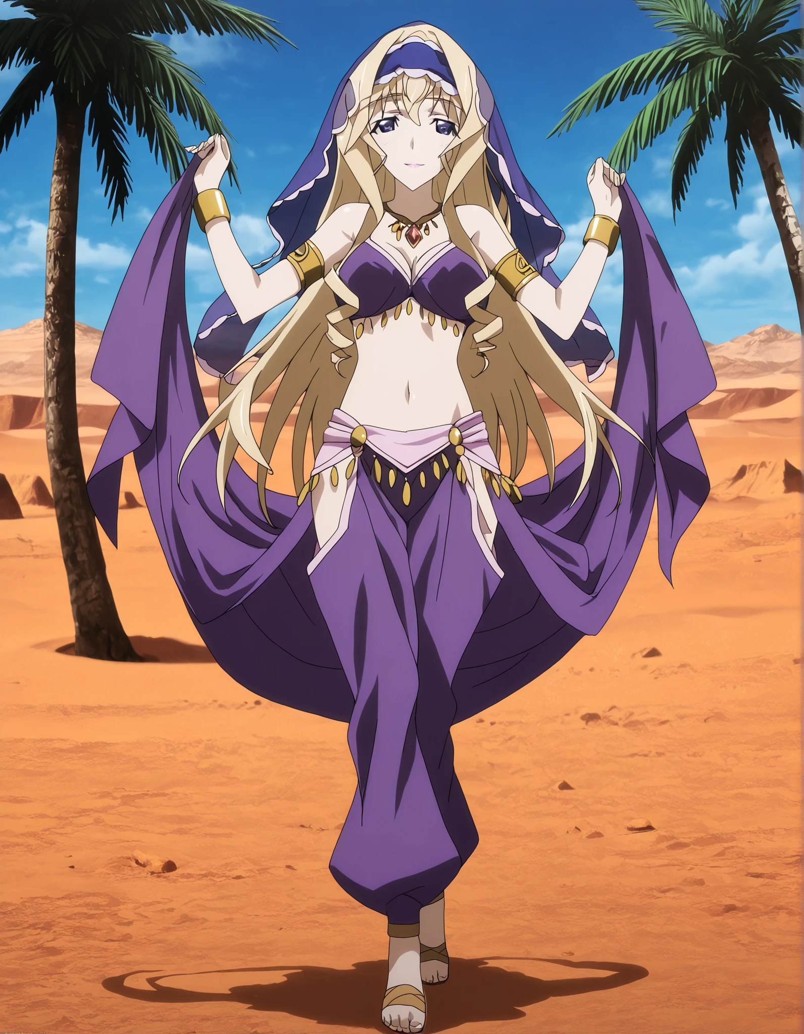 (1girl:1 . 5) , (Seul:1 . 5) , score_9 , score_8_haut , score_7_haut , source_anime , Official work , ultra-detailed , masterpiece , better quality , high resolution , beaux yeux , detailed eyes , Detailed face , beautiful detailed eyes ,Infinite Stratos,Cecilia Alcott,Arabian Clothes , Arabian Dancer ,belly dancer costume,belly dancer outfit ,full body,golden jewelery,armlet, belly dancing,desert lands,palm tree,seductive smile, dancing with veil, dynamic movement,dance posture, pose