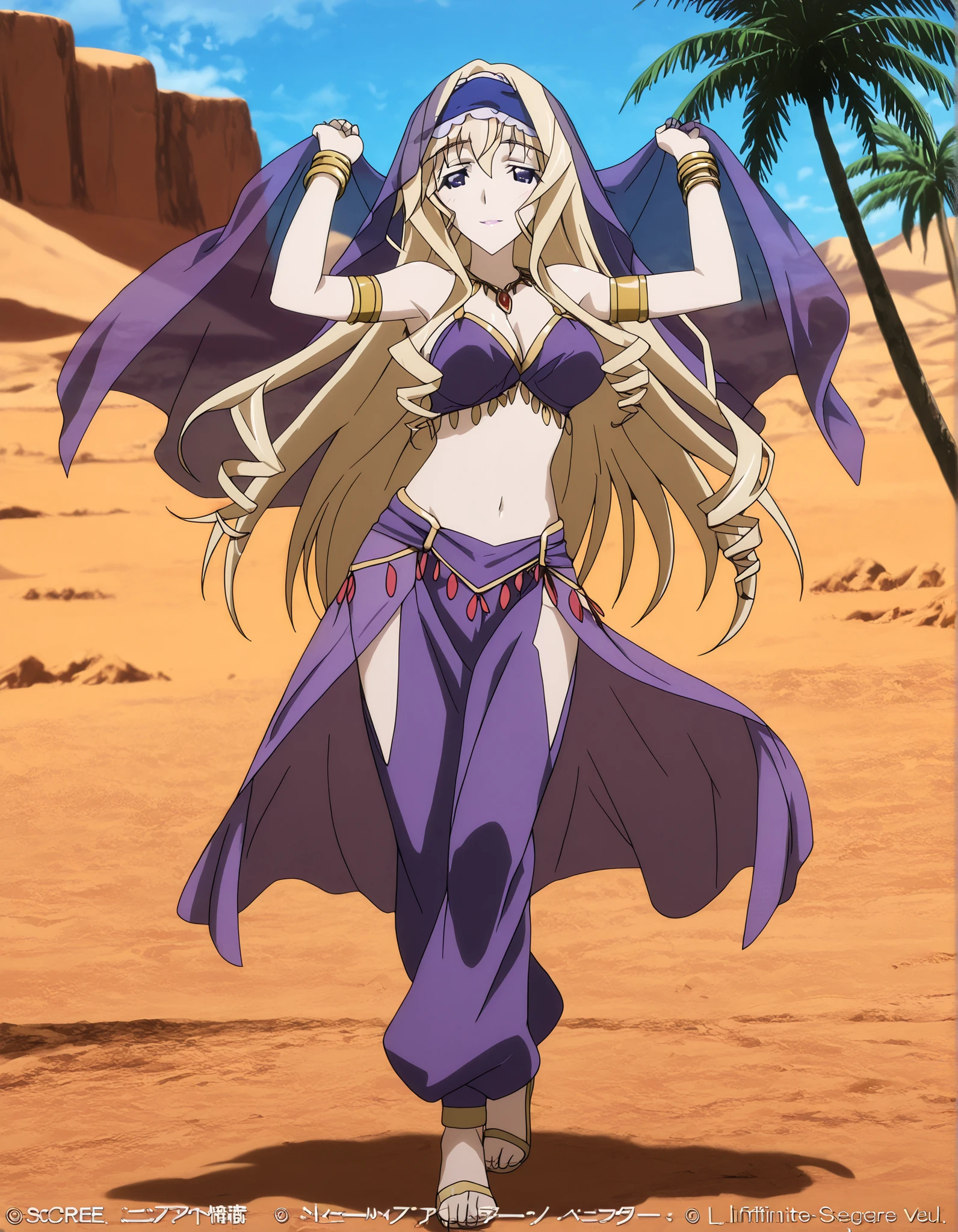 (1girl:1 . 5) , (Seul:1 . 5) , score_9 , score_8_haut , score_7_haut , source_anime , Official work , ultra-detailed , masterpiece , better quality , high resolution , beaux yeux , detailed eyes , Detailed face , beautiful detailed eyes ,Infinite Stratos,Cecilia Alcott,Arabian Clothes , Arabian Dancer ,belly dancer costume,belly dancer outfit ,full body,golden jewelery,armlet, belly dancing,desert lands,palm tree,seductive smile, dancing with veil, dynamic movement,dance posture, pose