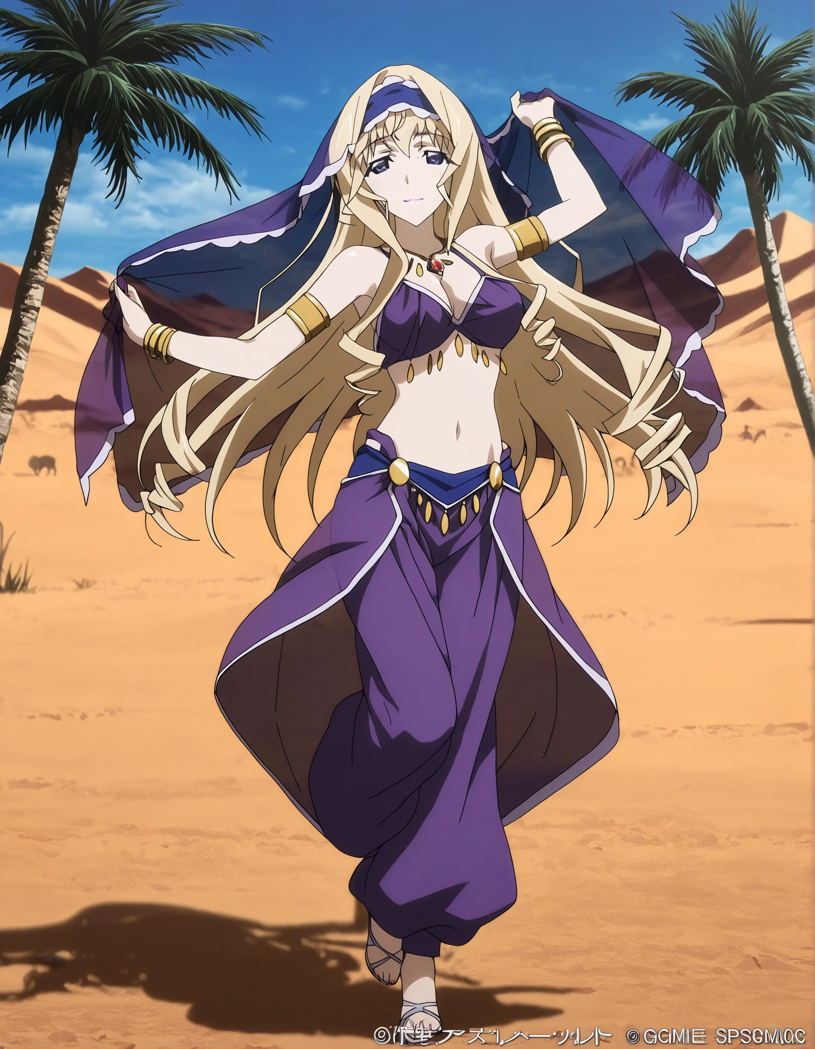 (1girl:1 . 5) , (Seul:1 . 5) , score_9 , score_8_haut , score_7_haut , source_anime , Official work , ultra-detailed , masterpiece , better quality , high resolution , beaux yeux , detailed eyes , Detailed face , beautiful detailed eyes ,Infinite Stratos,Cecilia Alcott,Arabian Clothes , Arabian Dancer ,belly dancer costume,belly dancer outfit ,full body,golden jewelery,armlet, belly dancing,desert lands,palm tree,seductive smile, dancing with veil, dynamic movement,dance posture, pose