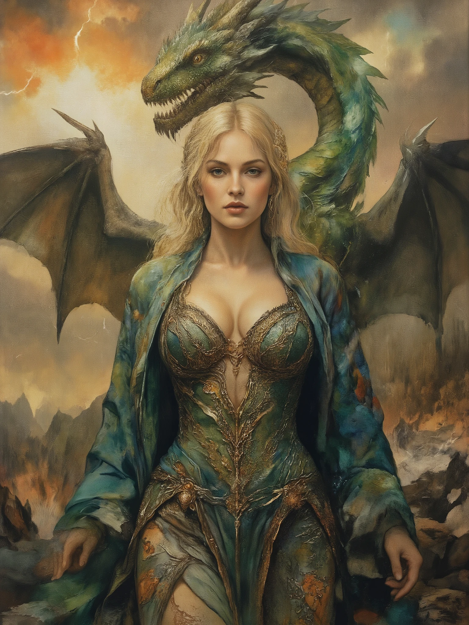 masterpiece, surreal landscape, painting style with watercolor, brush strokes, black eyes, colorful, vibrant colors, ultra hot gorgeous early 20's curvy European woman with sensational hourglass body, she is a tamer of dragons and a powerful witch, a beautiful young emerald wyrm is behind her in all his young draconic glory, wings spread framing her beauty, blonde hair, semi-real composition, dynamic sensual depiction, woman with long flowing blonde hair, dramatic surreal setting, searching look on her face, elaborate teal garment with intricate patterns and embroidery, open front exposing large heaving cleavage, deep valley between her full round breasts, hardened nipples visible through thin fabric, healthy tan skin to waist in V-shape, glistening with perspiration, flushed cheeks, slightly parted moist lips, breathing heavily with desire, garment slipping off one shoulder revealing smooth skin, tight fabric clinging to her curves, rocky landscape, moody atmosphere, jagged stones, rugged natural environment like battleground of ancient gods and primeval titans, vibrant sunset, warm hues of orange and yellow, sharp bolts of lightning in clouds, interplay of light and shadow, mystique, erotic tension, drama