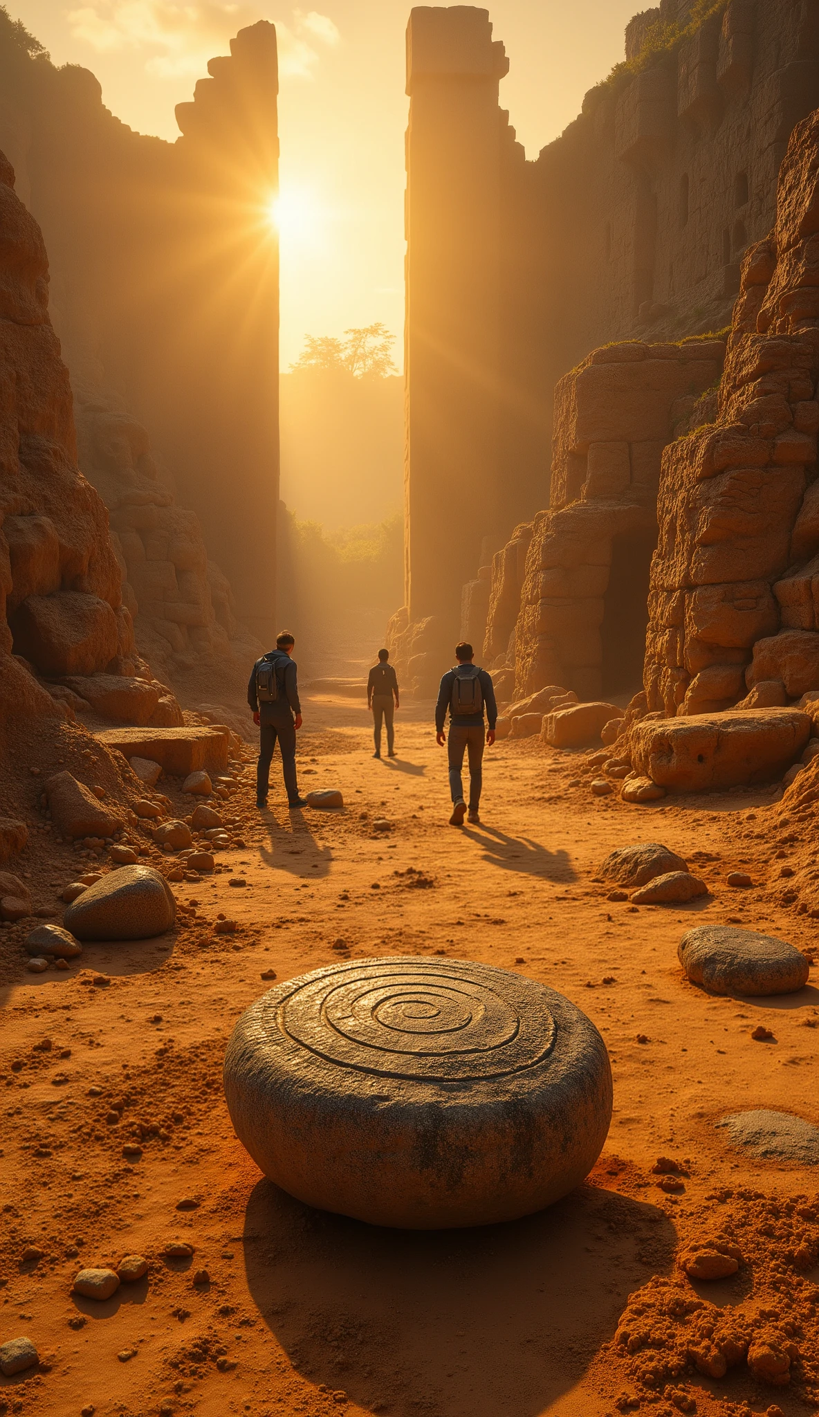 Archaeological dig in Sri Lanka, sandy ruins under golden sunlight, researchers uncovering a glowing ancient stone with spirals carved, instruments spiking with strange signals, cinematic realism mixed with