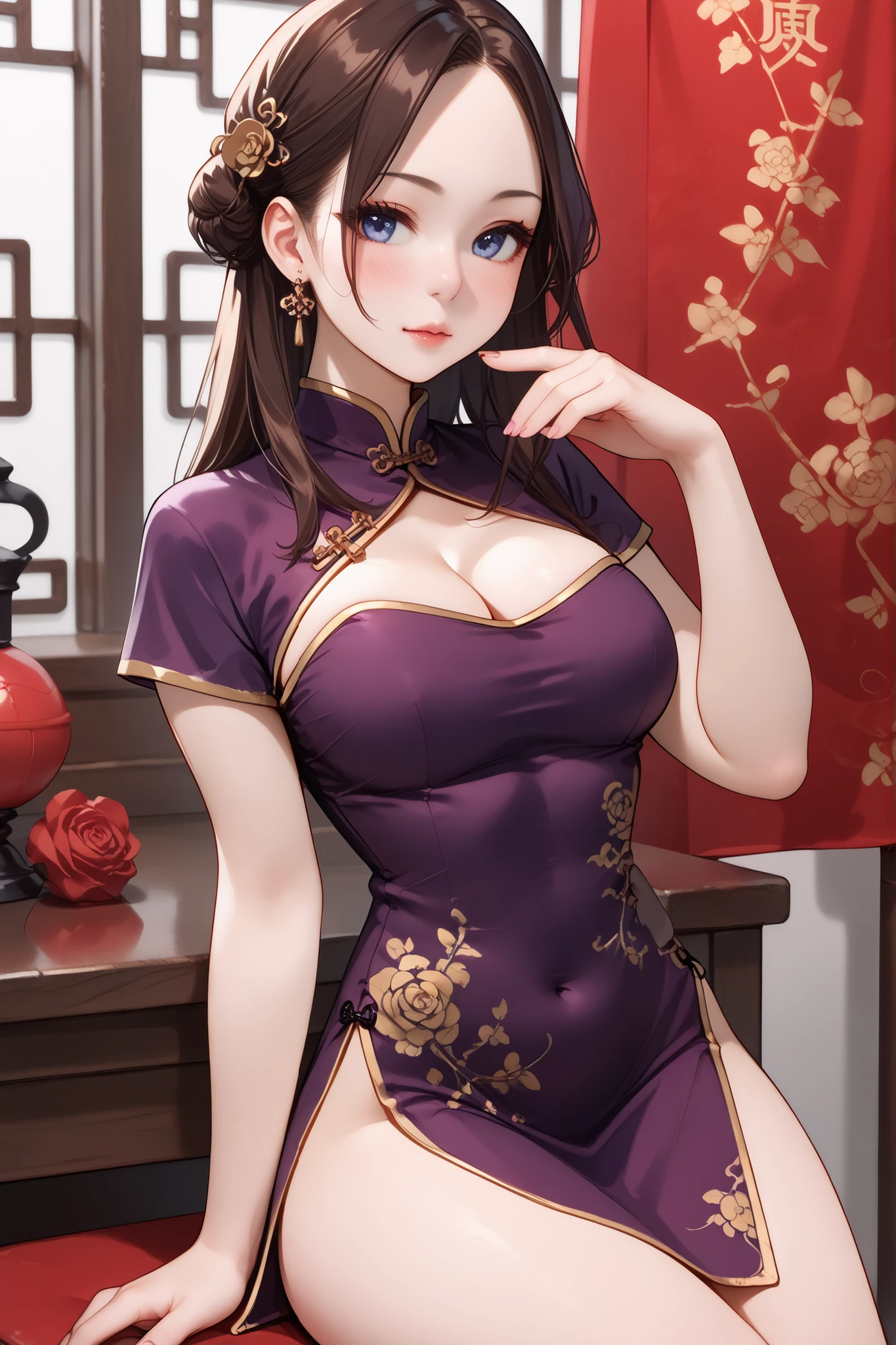 ((Solo girl))((Alone))((One Girl)), ((red knots))((short dress))((mini qipao))((mandarin collar))((chinese dress))((purple chinese dress))((side slits))((sexy dress))((chinese dress))((solid purple dress))((qipao dress))((traditional chinese dress)) medium  , big , loose hair, beautiful nose, beautiful face, beautiful figure, blue eyes, detailed body, masterpiece, high quality, best quality, milf, mature female 30 years old, blush face, married woman, sunset time.((Sexy body))((Dynamic lighting))((Seductive pose)), award winning photo, details, realistic light and shadow, 8K, Professional Lighting, (glistening skin:0.9), perfect hand, ((Sexy))((hourglass figure))((cleavage))((hot))((accurate )) ((short sleaves)) ((Half body pose)) ((Purple Choker in the neck)) ((great hair)) ((hot)) ((BOLD)) ((plain brown hair))(( in a  pose)) ((Beautifully flaunting her body)) ((accurate hands)) ((perfect fingers))((5'9 height))((Visible thigs)) ((Shot from front))((sitting))((plain purple choker))((rose design))cha-4v1, 1girl, short dress, china dress, chinese clothes, purple dress, short sleeves, side slit, back cutout, cleavage