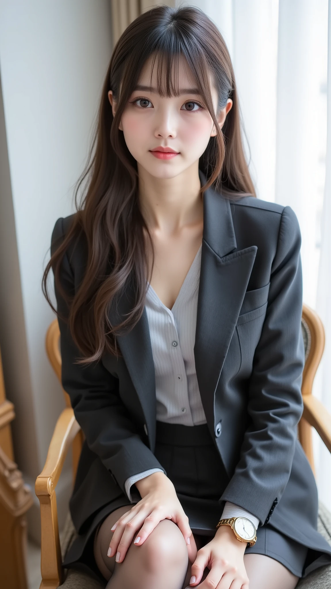 Pure Japanese Business Girl, wearing a formal business suit, HIGH HEELS, ear skirt, (Panties and pantyhose), Formal Hairstyles, Formal Makeup, Striking large brown eyes, pure smile, seated, open, sweet temptation , professional portraits, Dazzling Summer Sun , 1 girl's break day, solo, long hair, high resolution, watch, high resolution, masterpiece, 解剖学的にcorrect, correct, number々Pure gold bicycle award , 最高Quality, details, 高いdetails, HD model, Quality, very detailsed, , textured skin, so amazing, long hair, Bang, 目の間のBang, とてもlong hair, quick, 分け目のあるBang, flutter hair, princess cut, simple background, Glitter Effects, blurry, Blurred Background, スーパーdetailsな, スーパーdetails,