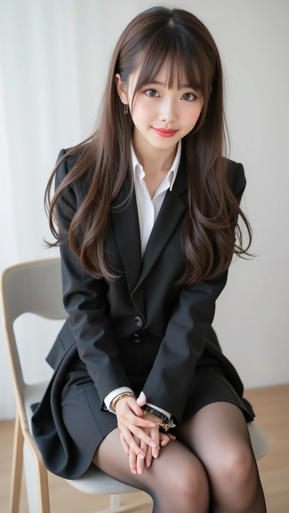 Pure Japanese Business Girl, wearing a formal business suit, HIGH HEELS, ear skirt, (Panties and pantyhose), Formal Hairstyles, Formal Makeup, Striking large brown eyes, pure smile, seated, open, sweet temptation , professional portraits, Dazzling Summer Sun , 1 girl's break day, solo, long hair, high resolution, watch, high resolution, masterpiece, 解剖学的にcorrect, correct, number々Pure gold bicycle award , 最高Quality, details, 高いdetails, HD model, Quality, very detailsed, , textured skin, so amazing, long hair, Bang, 目の間のBang, とてもlong hair, quick, 分け目のあるBang, flutter hair, princess cut, simple background, Glitter Effects, blurry, Blurred Background, スーパーdetailsな, スーパーdetails,