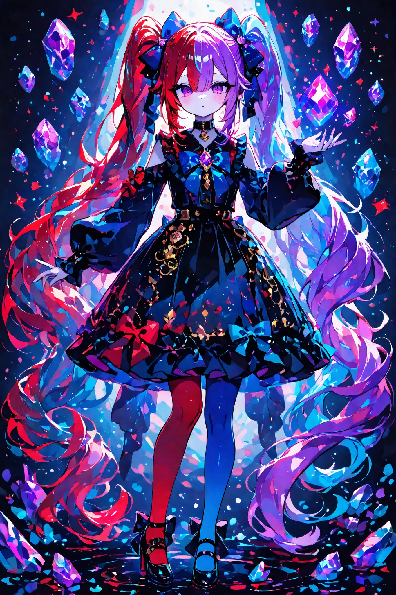 (TWO-TONE HAIR,SPLIT-COLOR HAIR,xxx667_illu,) The girl is a magician. She has pale skin and a petite, flat-chested build. She has big purple eyes with long eyelashes. She has two-tone red-blue color hair tied in two twintails. She is wearing a long two-tone red-blue Gothic Lolita's style dress with a black collar, red ruffles,blue bows,and long white sleeves. She's wearing two-tone red-and-blue color tights. She's wearing black Mary Jane shoes with three straps. She has a gold brooch with a red and blue stone. She holds a crystal apple in her hand. (IN the background:The palace is in a cave, purple amethyst crystals grow everywhere.)