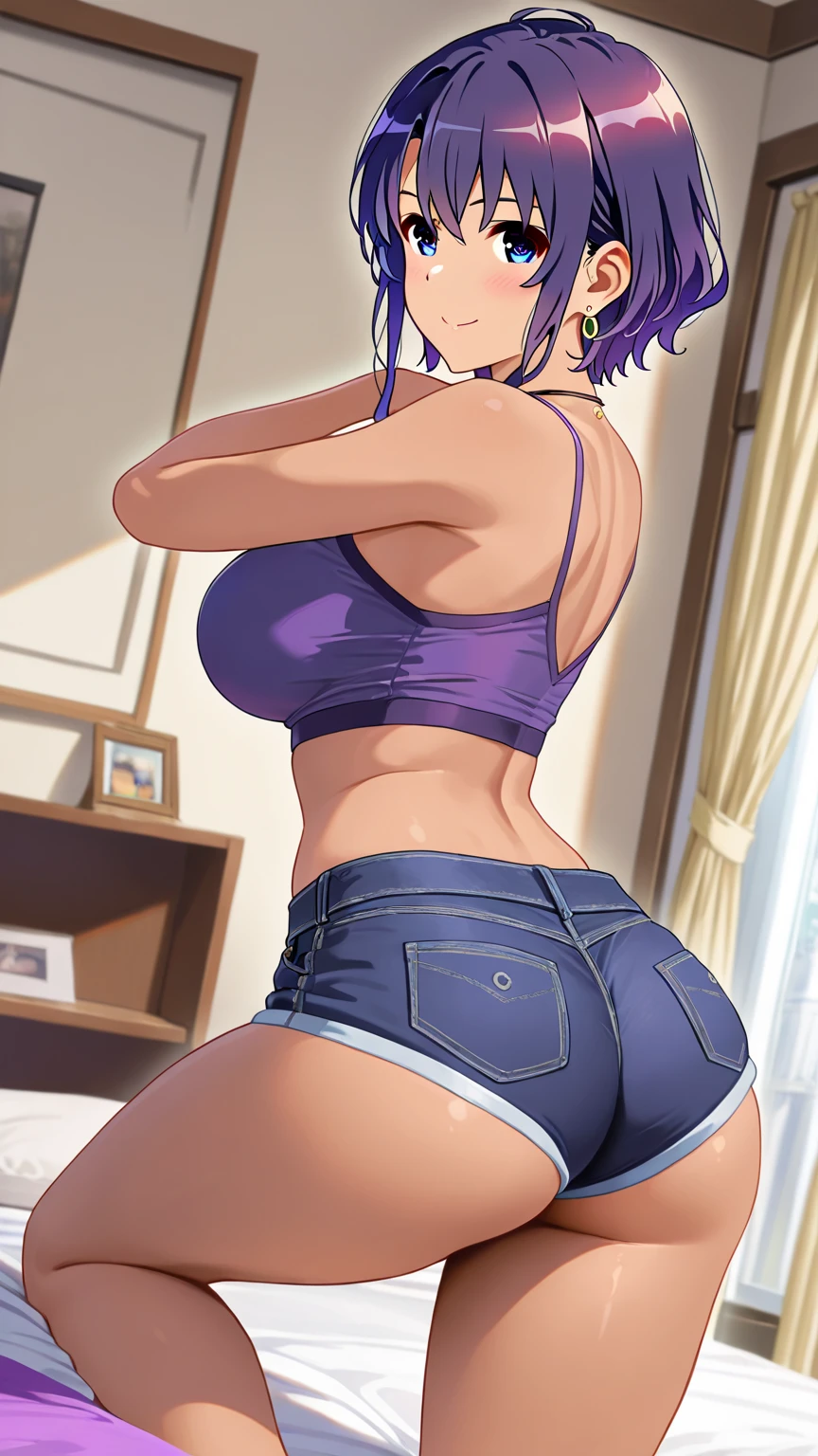 1girl,<lora:Ichinomiya_Yuu:1>,yoruichi shihouin,tube top,jean shorts,holding condom,winking,tongue out,closed mouth,from below