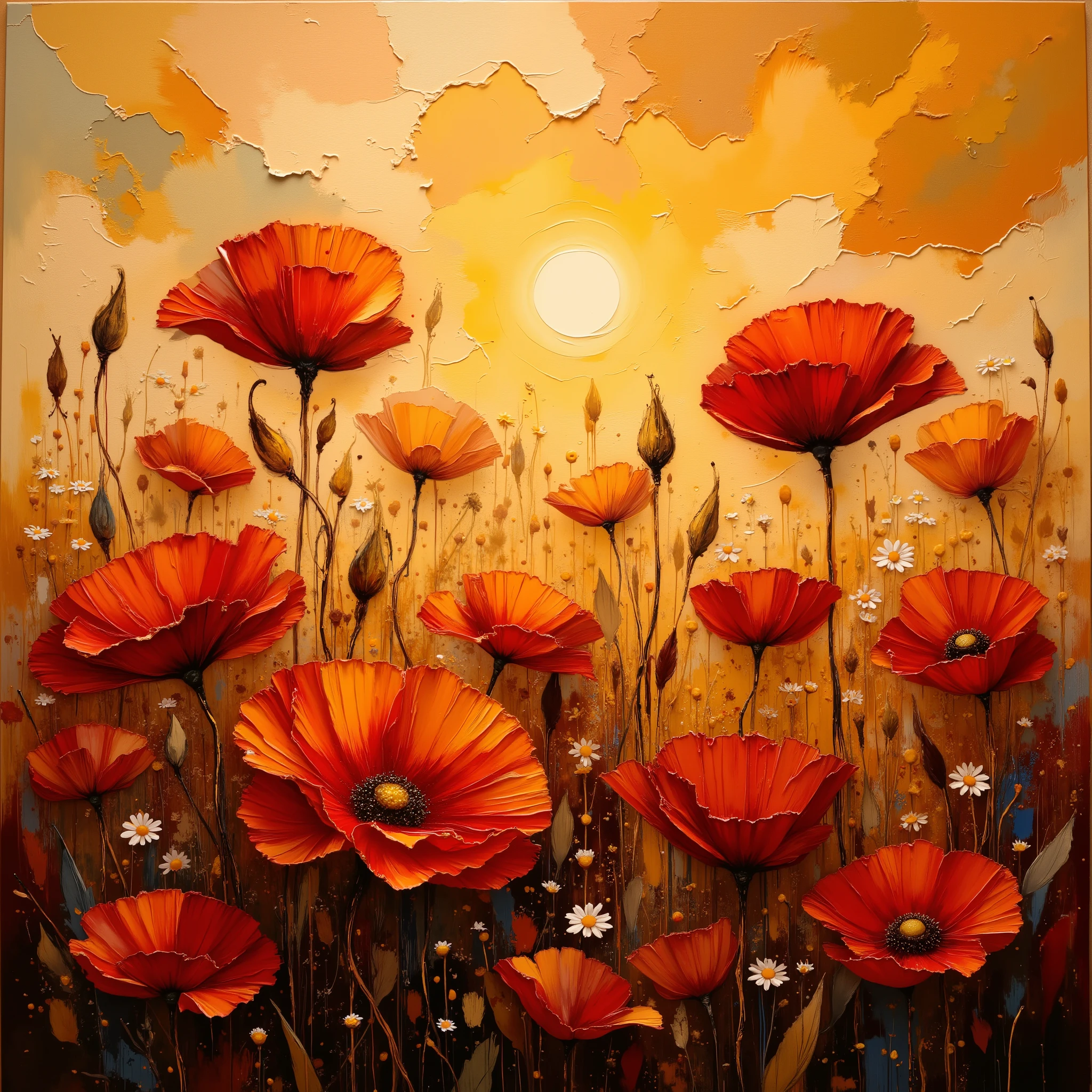 A detailed oil painting style image of a field of poppies at sunset. Rich, warm colors, including varying shades of red, orange, and gold, evocative of a warm sunset sky, with realistic poppy flowers, detailed textures, and a slightly textured canvas background. Include small, white daisies amongst the poppies, and detailed shadows and highlights that create depth and volume.