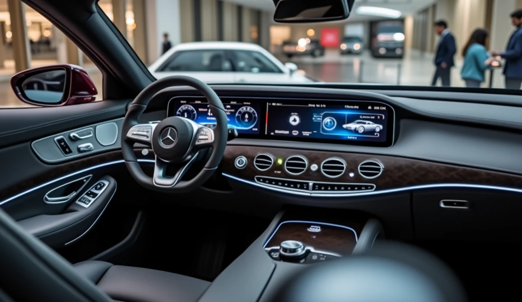 Create an ultra-HD image of a hyper-luxury white and deep white interior dashboard and control of  New 2026 Mercedes S-CLASS showroom from front 