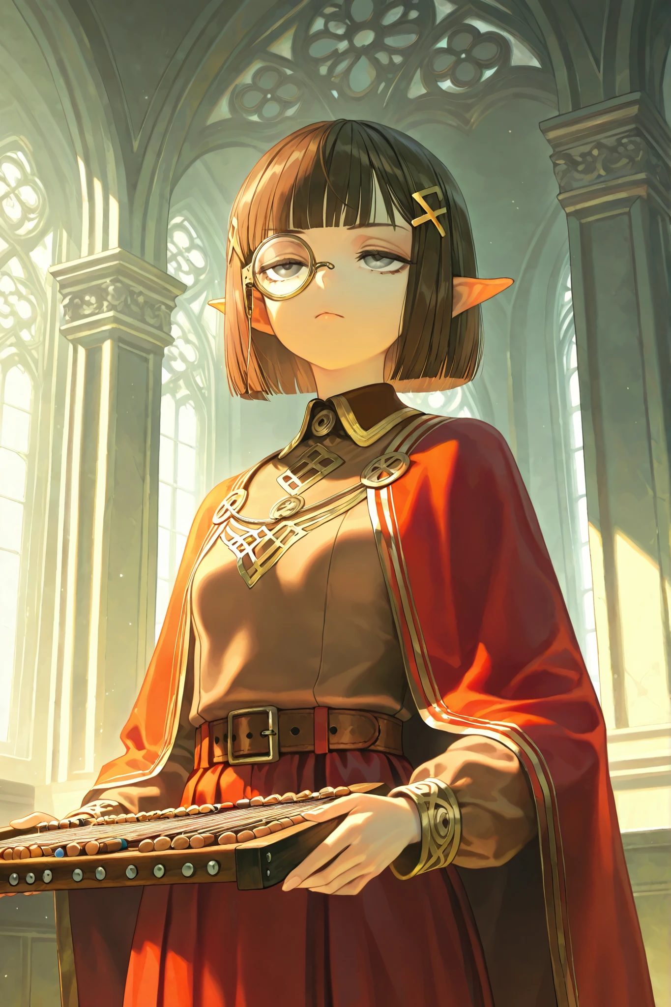 1girl, gnome girl, pointy ears, short length, bob cut, brown hair, straight hair, blunt bangs, golden hairclip, rune hairclip, grey eyes, monocle, golden monocle, calm, stern expression, sceptical, closed mouth, half-closed eyes, small, holds abacus, red mantle, satin mantle, golden trim, red blouse, brown shirt collar, long mantle, long skirt, red skirt, brown belt of mantle, looking up, close-up, church background, day, indoors, blue-grey walls, small breast, best quality,