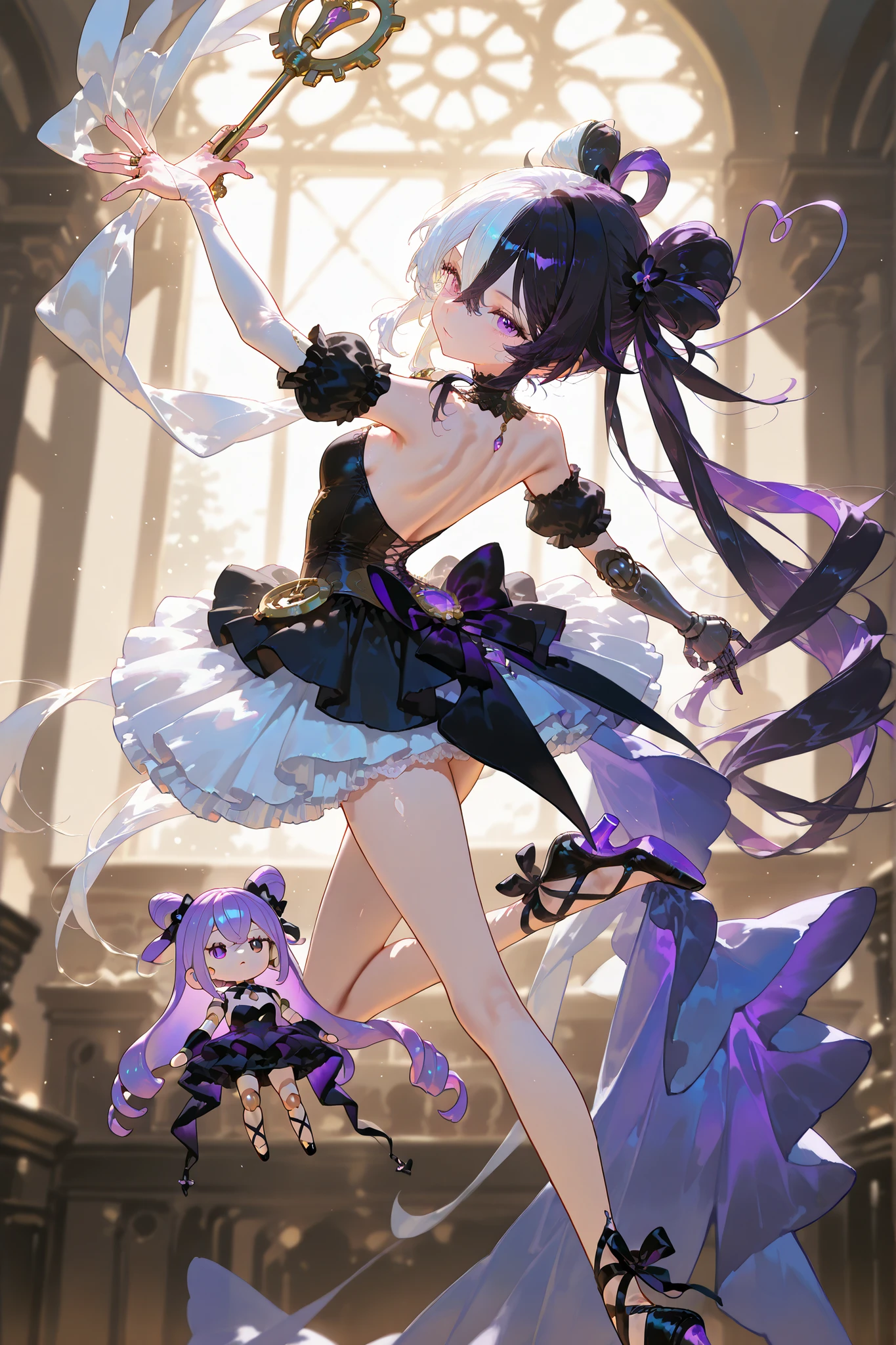 (SPLIT-COLOR HAIR,MIX OF AND HAIR,MULTICOLORED HAIR, TWO-TONE HAIR,) Steampunk mechanical articulated doll. Her body is made of rot brass metal and joints of her limbs are doll-like hinges. She has a brass mechanical heart and a wind-up key on her back. She is wearing a ballet tutu, ballerinas and pointe shoes. (IN the background:The palace is in a cave, purple amethyst crystals grow everywhere.)