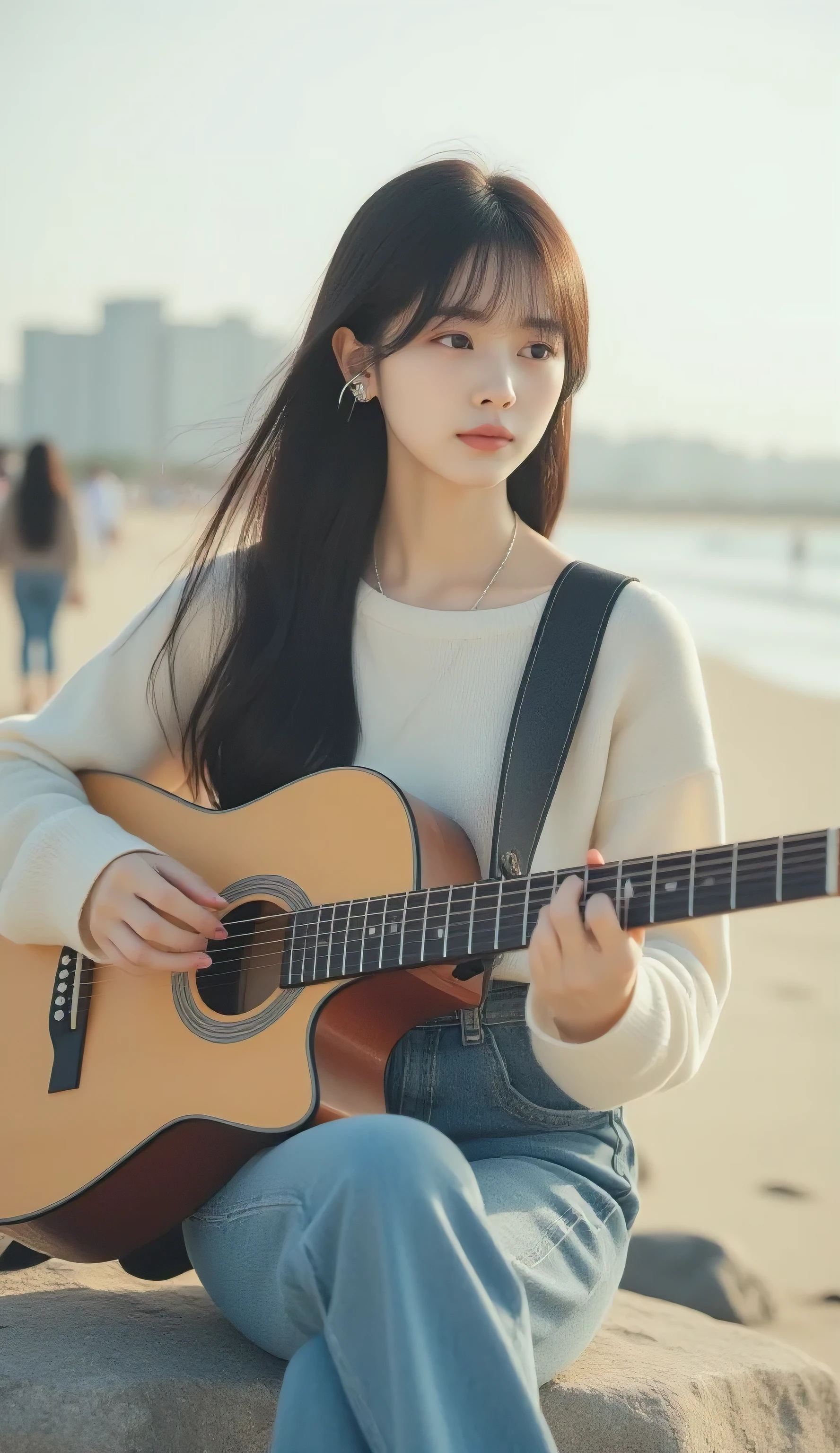 (Masterpiece, Best Quality: 1.2), jiyeon_oc:1.2, Photorealistic, high-resolution photography, realistic photo.
An innocent and beautiful Korean singer-songwriter girl in her late teens is on a peaceful beach during prime time, Sitting on a small rock and playing a guitar. She is wearing a cream-colored loose-fit sweater and slim-fit denim pants that slightly reveal one shoulder. Her long, rich, black hair flutters in the wind, and her bangs fall to the side, showing her forehead. fix one side of their hair with a small silver hairpin. Balanced and flexible body, small face with breast milk, lighter skin tone, big eyes, long lashes, Emotional expression. She is a thick black speaker with a small string, connected to a small sound device+wearing a silver metal headset. Silver metal accessory, hip-hop style. refined, innocent and elegant, The best R&B singer , 예쁘고 big eyes을 뜨고 감정을 잡은 채 노래를 부르며, hand hitting the guitar string and the hand holding the technique at a 45 degree angle. Her backpack is on the side. The camera angle is eye level, Captures facial expressions and guitars. In the background, and I see softly blurred people. Cinematic, extremely realistic, high resolution, natural light, emotional and healing atmosphere. Beach walkers, close-up of both hands and face playing a guitar.