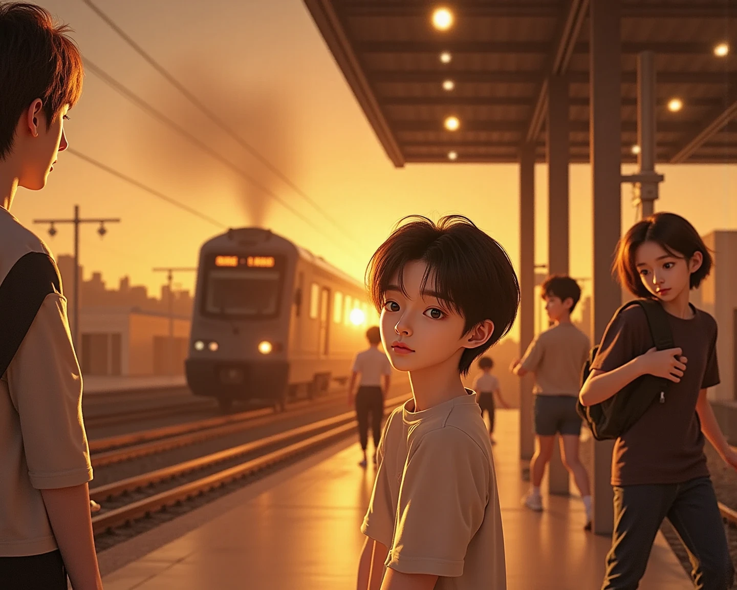 station platform, train, from side, 1girl, 1boy, Farewell, sunset, real, 
