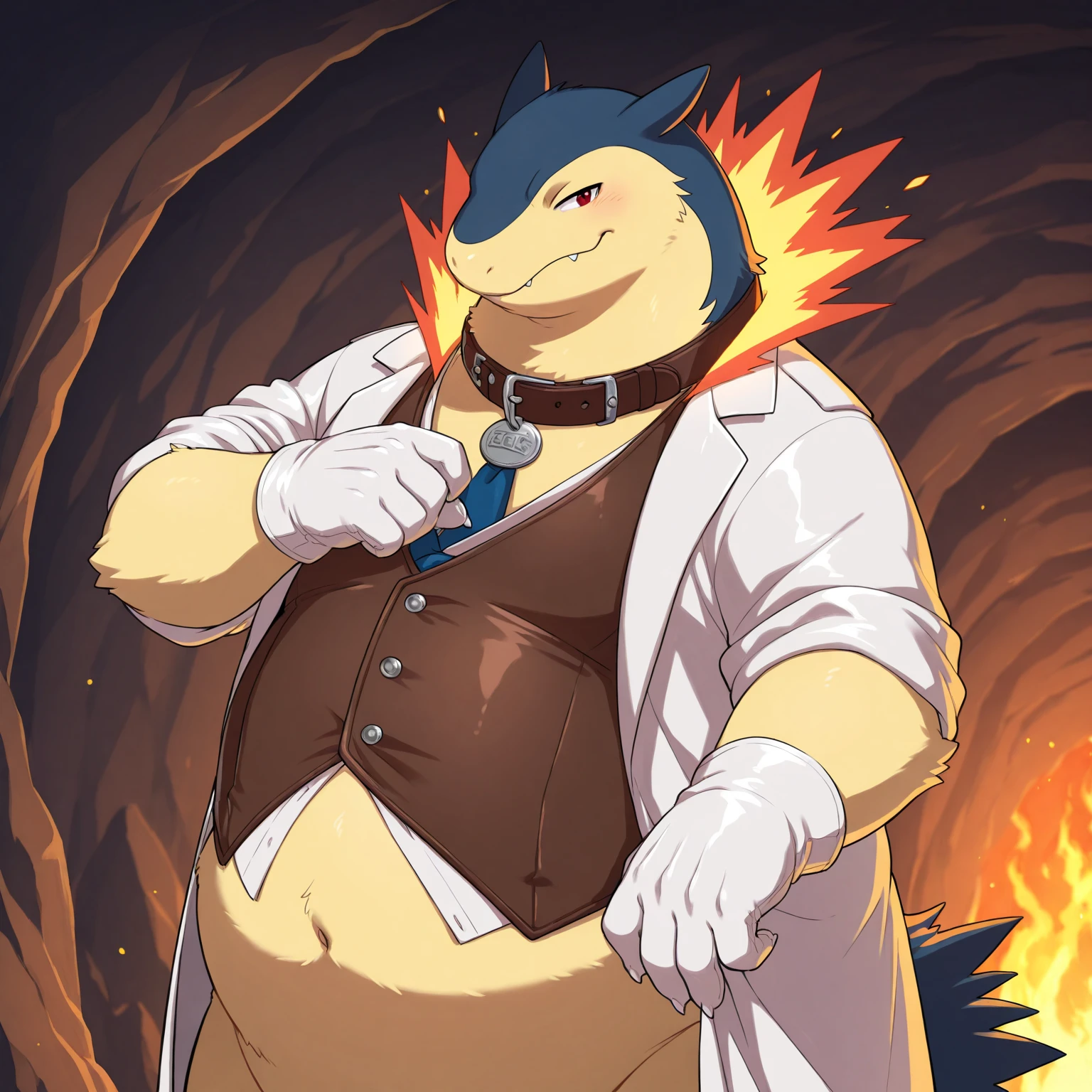 Solo, Male, fat, squatting, extremely obese, Typhlosion, blue eyes, (soft shading), 4k, hi res, ((detailed face, detailed)), looking at viewer, evil grin, Butler, collared shirt, male focus, glasses, monocle, shirt with buttons, sleeves rolled up, Typhlosion is wearing a glossy leather dog collar around the neck, Typhlosion is wearing the leather collar and shirt at the same time, Typhlosion is wearing glossy white rubber gloves on the hands, wearing white rubber gloves on the feet, Typhlosion is wearing glossy white cuffs around the wrists with cufflinks, gloves are rubber in texture, clenching teeth, clenching fists, leather collar is glossy and shiny with a lot of detail, Typhlosion is wearing gloves and cuffs and cufflinks at the same time, leather collar has a round dog-tag, leather collar is thick and detailed.