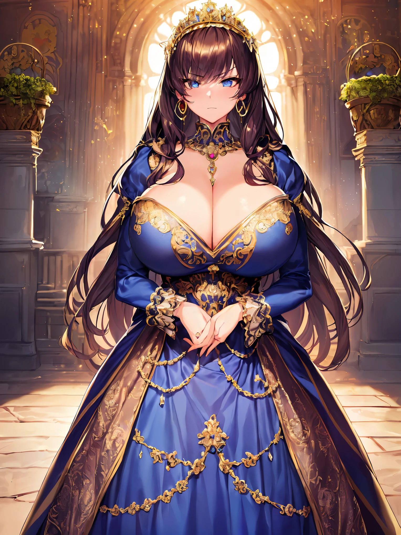 anime artstyle,Masterpiece,Best Quality,Super Detail,((Very Delicate and Beautiful)),(((1 plump princess in beautiful embroidery and jeweled gorgeous rococo ballgown with voluminous hoop skirt))),crinoline skirt,((Solo)),(Standing on fantasy castle balcony,outdoor,sky,A view overlooking the castle town),((full body)),(((very gigantic breasts,very gigantic breasts,sagging breasts,skindentation))),cleavage,detailed face and eyes,jewel-like eyes,((extremely voluminous straight Hair,Extremely Long Straight Hair)),((gorgeousfull embroidery and lace,beautiful embroidery and jeweled)),Gorgeous Gemstone Jewelry,gorgeous corsage,((gorgeous hair ornament,glitter jeweled gorgeous big tiara)),((full body)),((beautiful embroidery and jeweled gorgeous rococo ballgown with voluminous hoop skirt)),crinoline skirt,(crinoline),((Standing on fantasy castle balcony,outdoor,A view overlooking the castle town)),Looking at viewer,dynamic angle,(((beautiful embroidery and jeweled gorgeous rococo ballgown with voluminous hoop skirt))),crinoline skirt,full body,