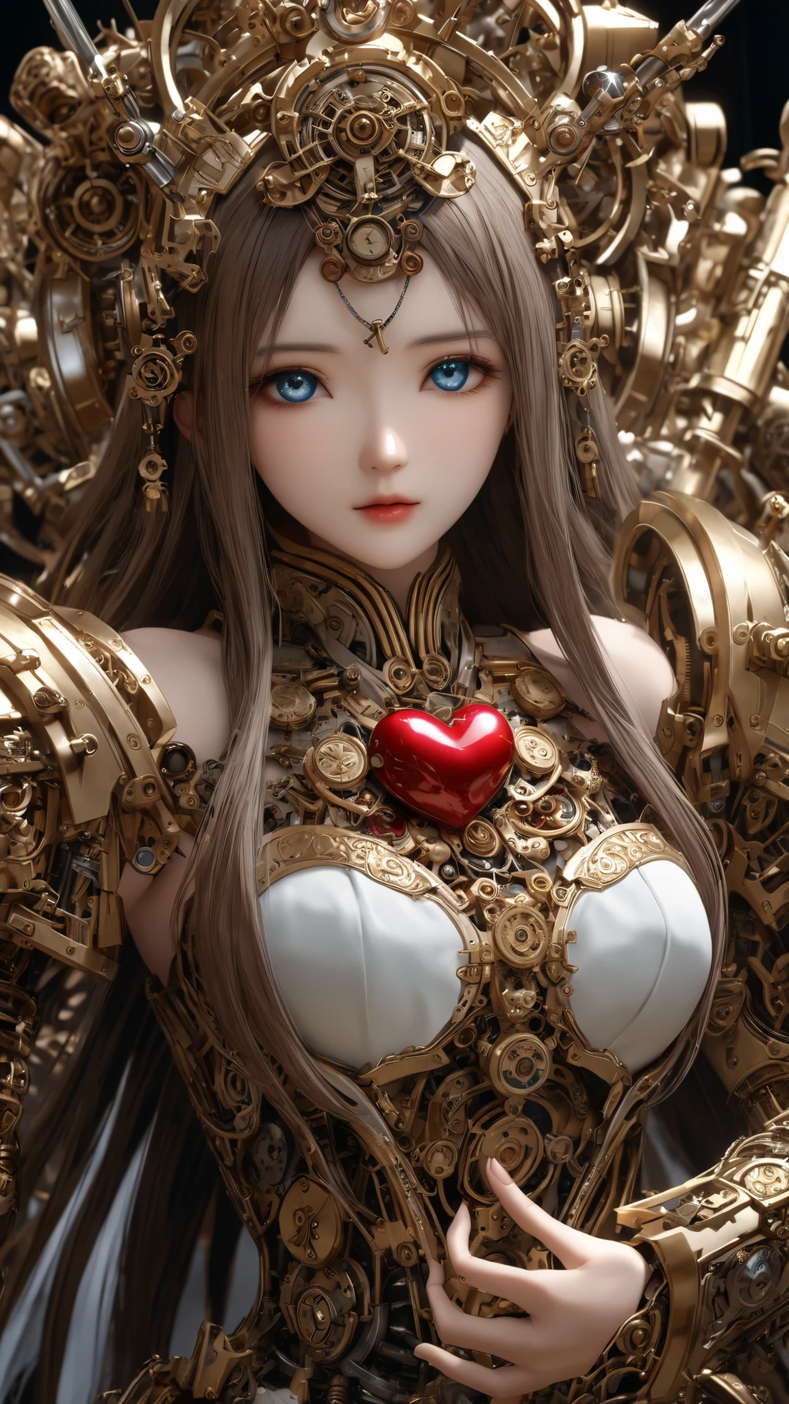 with both hands、Hiraga Genchi's mechanical doll, Japanese dolls , Representative Works , professional, holding the heart of the machine with both hands {x} with a very elaborate and detailed mechanical mechanism、holding the heart of the machine with both hands, (( high resolution, 8k, Exquisite details, realistic skin texture、masterpiece, Super Detailed, Highest Quality, HDR, perfect face, Aesthetic Eyes , (detailed face, Details Eyes )with delicate and fluffy texture, )),