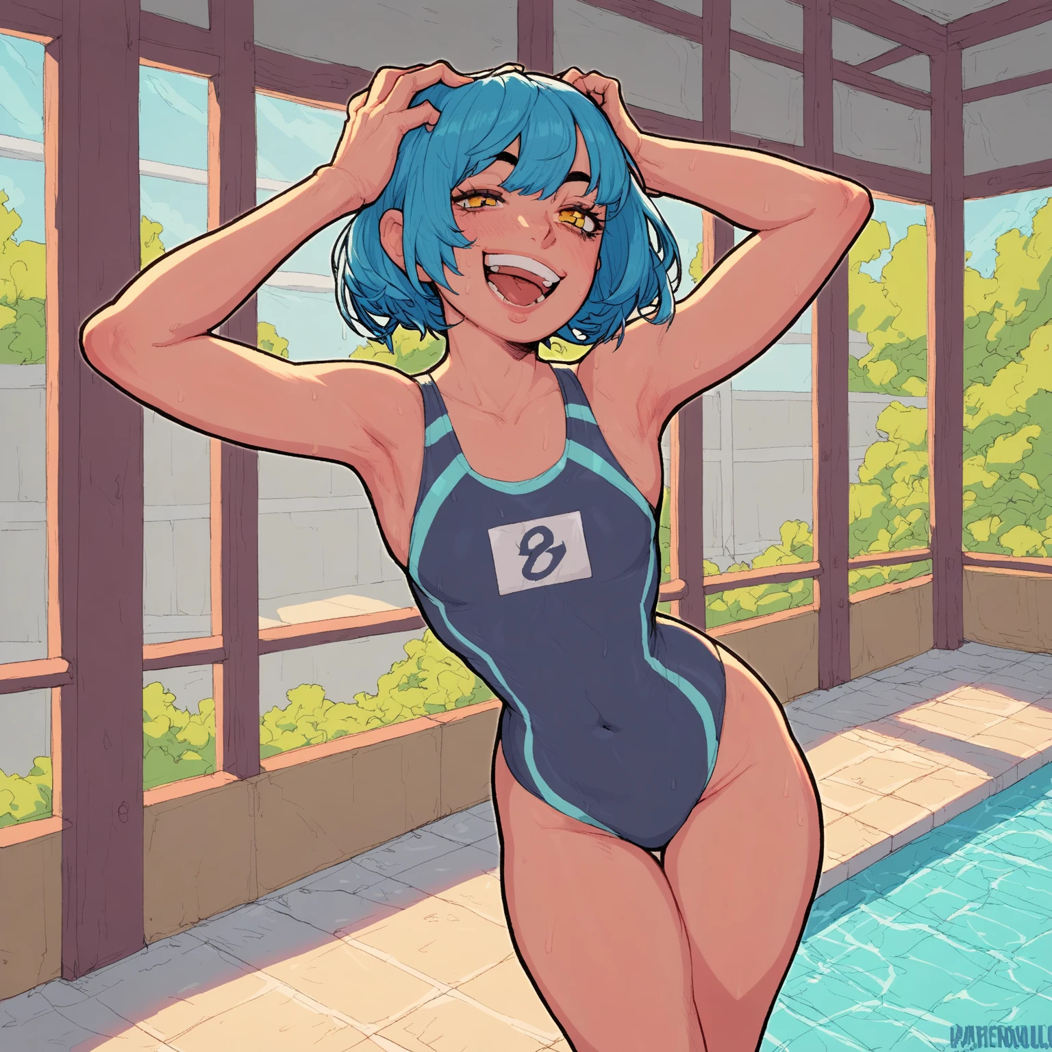 score_9, score_8_up, score_7_up, score_6_up, source_anime, BREAK 1girl, nera, hair ribbon, , earrings, red competitive swimsuit, , staring at you, ???????????, , happy, smiling, mouth closed, full body, standing pose, indoor pool