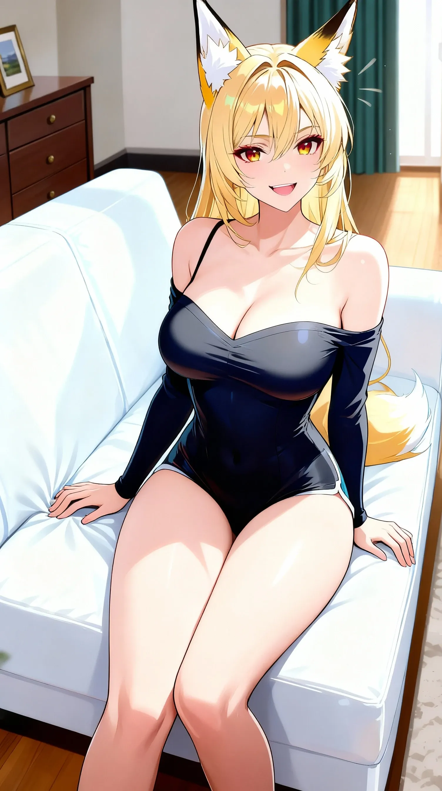 masterpiece, best quality, newest, absurdres, highres, 1girl, solo, amazing quality, good lighting, fit, breasts, confident smile, female, sitting gracefully on a plush couch, legs crossed, subtle curves, form-fitting outfit, sophisticated yet alluring pose, smiling, sfw, safe for work, close view, skirt,  legs, arms, window, slimthick, 
shiny dress, sweatILL, sweaty, steamy, close view, smell, sweatdrop, sweat, sweaty, steamy, wet skin, sweatdrop