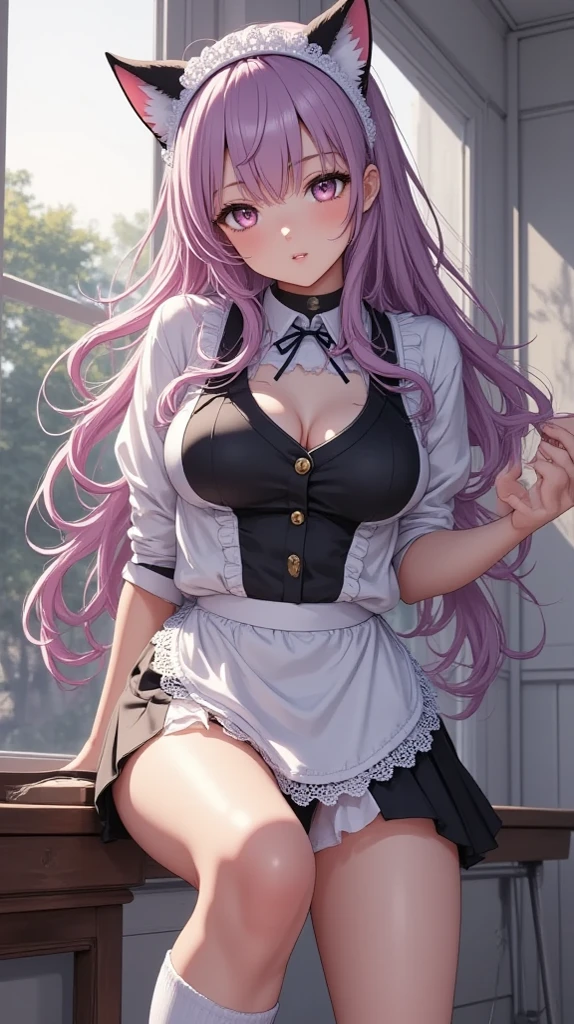 (Girl),(anime),(young),(woman with mature and hot body),(super plump breasts and big ass),(dark skin color),(African),(brown eyes),(height 1.76 ),(Long purple hair),(and pretty face),(hot body),(In a position with your butt facing forward and leaning against a wall),(wearing),+,(A maid outfit with a short and sexual pencil skirt and a classic black and white shoulder-baring outfit highlight her slender body and her breasts and a super short and sexual skirt and a cleavage Sexual)