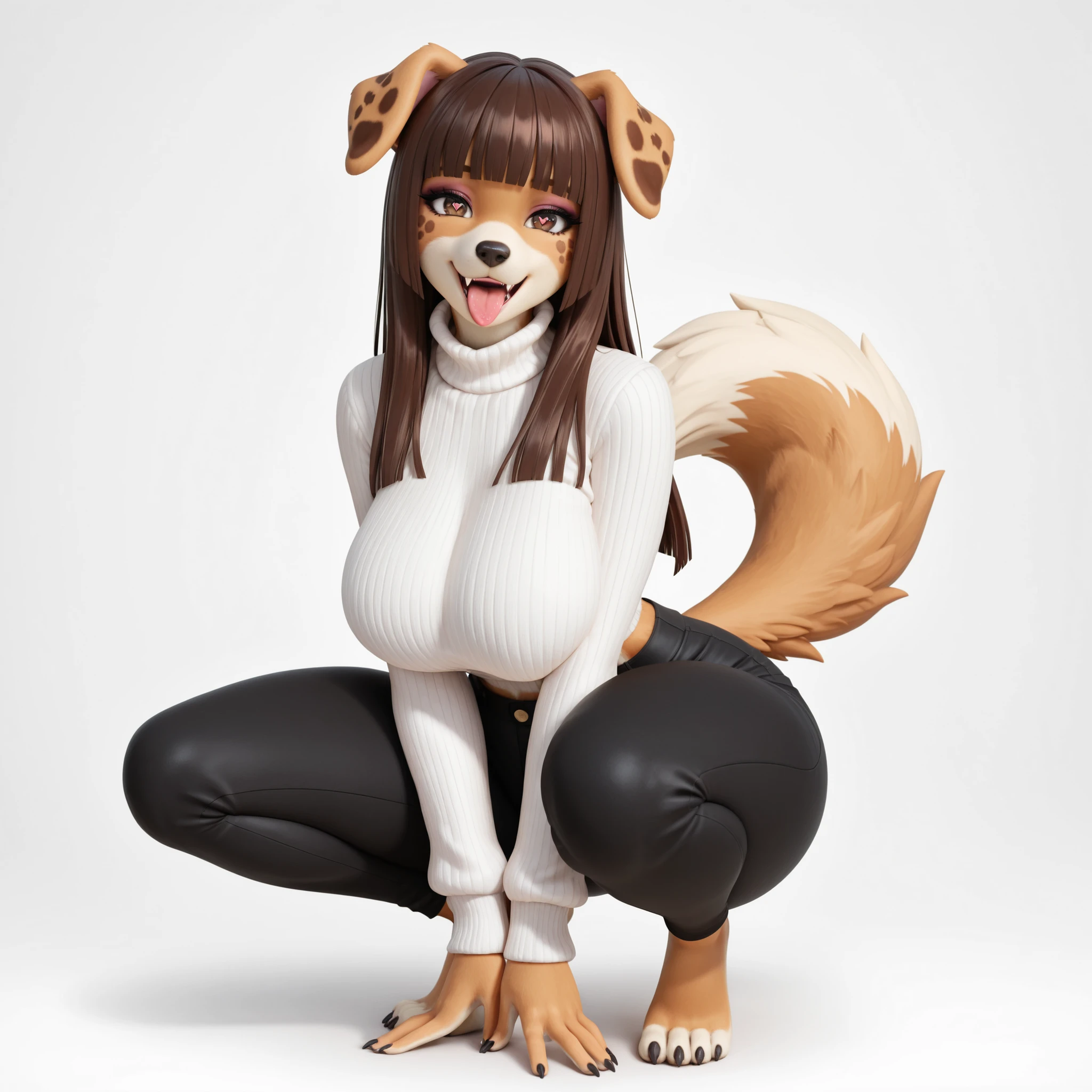 masterpiece, ultra-HD, impressionism, high detail, best quality, very aesthetic, 8K, best quality, beautiful, ultra-high resolution, 32K UHD, 3D, 1girl, solo, anthro furry, white fur, brown spots, long brown hair, blunt bangs, hime cut, brown eyes, heart-shape pupils, eyelashes, black eyeliner, pink lips, droopy dog ears, dog tail, sharp fangs, elongated snout, big breasts, narrow waist, wide hips, thick thighs, shapely legs, slim, white ribbed turtleneck baggy sweater, black pants, barefoot, blushed, smile, open mouth, tongue out, cute, squatting, full body, looking at the viewer, simple background, front view
