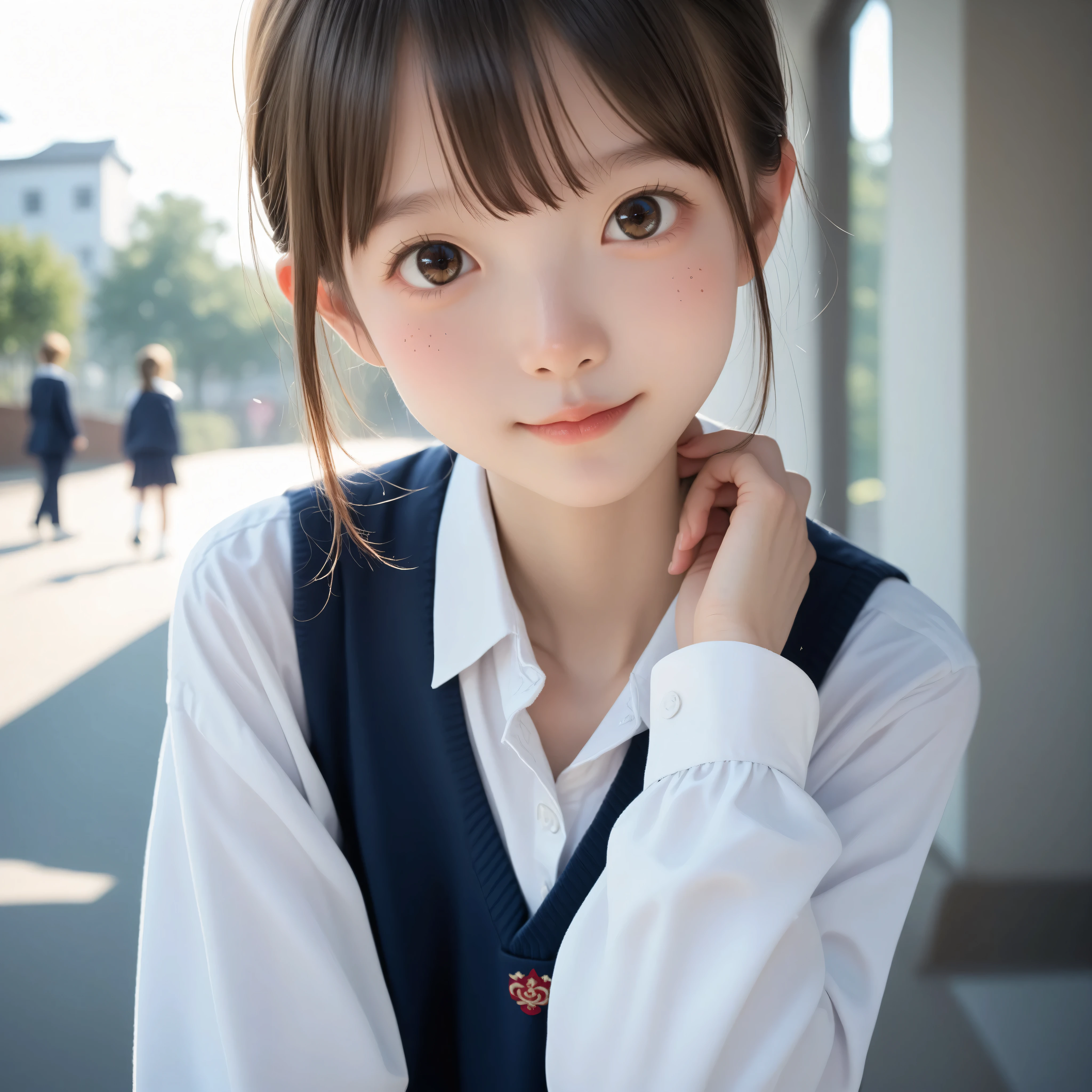 ( white skin:1.3),Cute Girl,Cute younger Girl,slender,short,slender,thin body,(younger:1.2),Cute younger Girl opening without permission,cute face,(skinny:1.5),score_7_up,score_8_up,score_9,realistic,is a girl who goes to school,School Uniform, small butt seen from below,( body:1.2),sunlight,Japanese,short髪, thin shoulders,thin arm,Narrow Shoulder