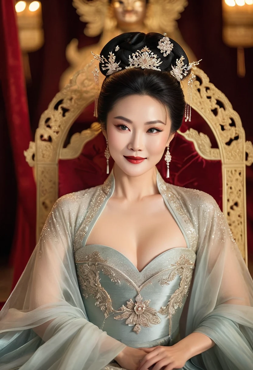 High Resolution, High Quality, High Detail, Masterpiece, Top Quality , 2060s Asianized Asian British empress ,  (( thin eyes )) , (((( dark skin )))) ,58yo , ,(((top less empress KIMONO )))   , ( saggy huge tits ) , ((( lip filler )))  , (( puffy nipples )) , ((empress crown )) , (((( at holy sites , gothic church )))) ,  (((( She is sitting on the throne. )))) ,((((( 
The background is a union jack frag  )))))　,　China calligraphy