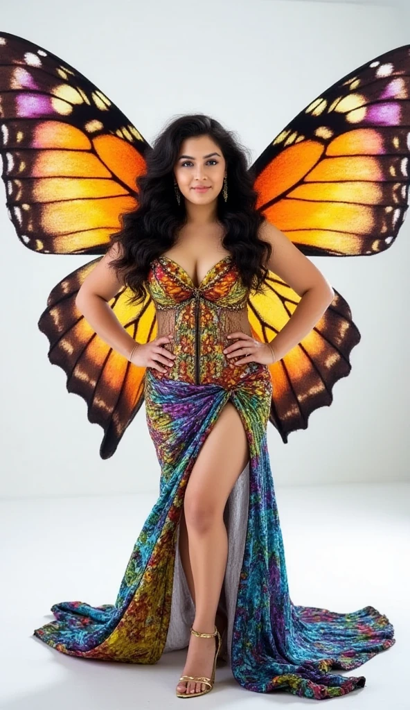 A beautiful Latina woman, with colorful wings, full body