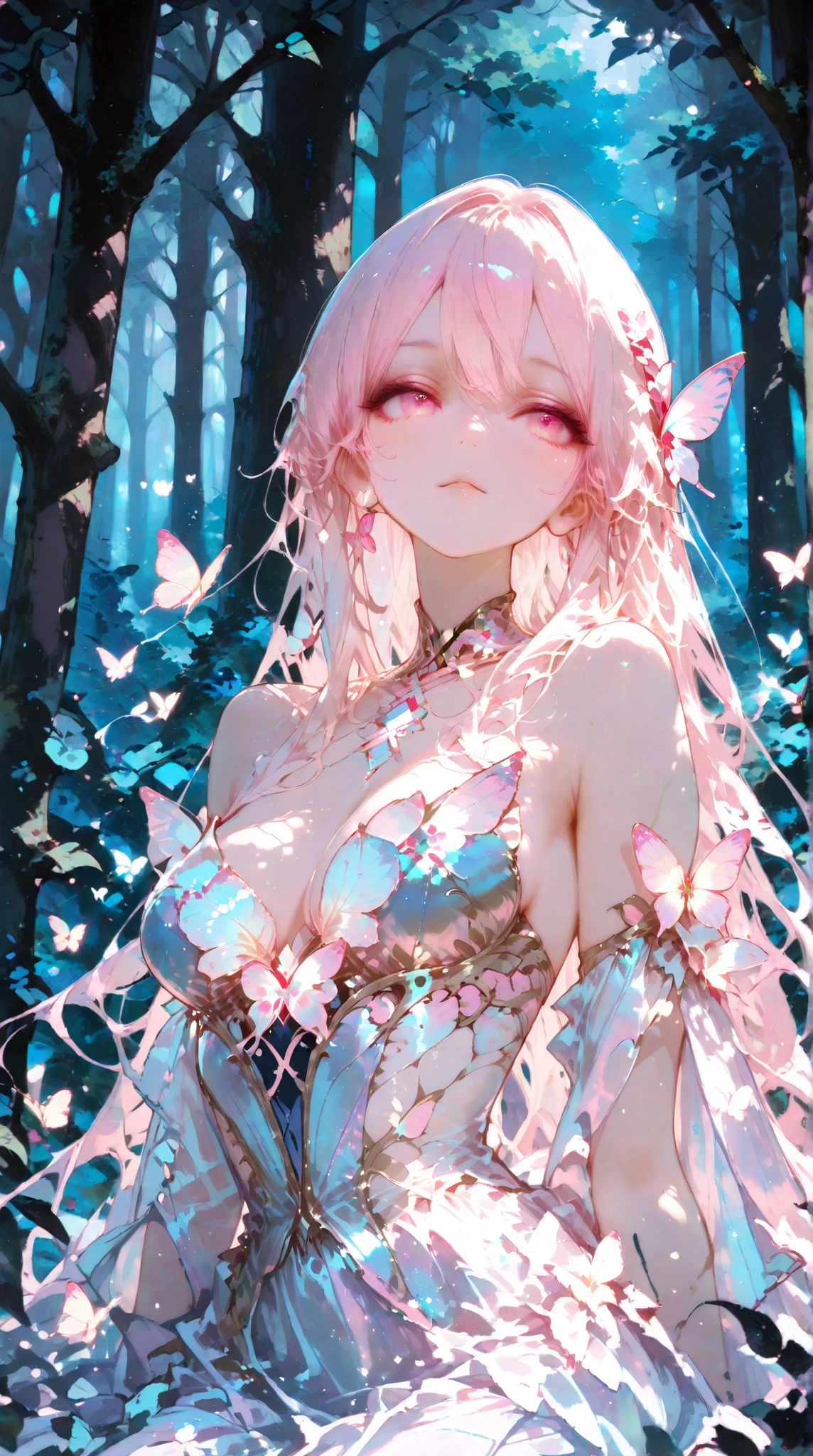 fantasy girl, clear and defined facial features, soft touch illustration, pastel tones, gentle lighting, flowing dress, glowing butterflies around, dreamy forest background, magical atmosphere, ethereal beauty, masterpiece, ultra detailed face, high quality, 4k,upper body
