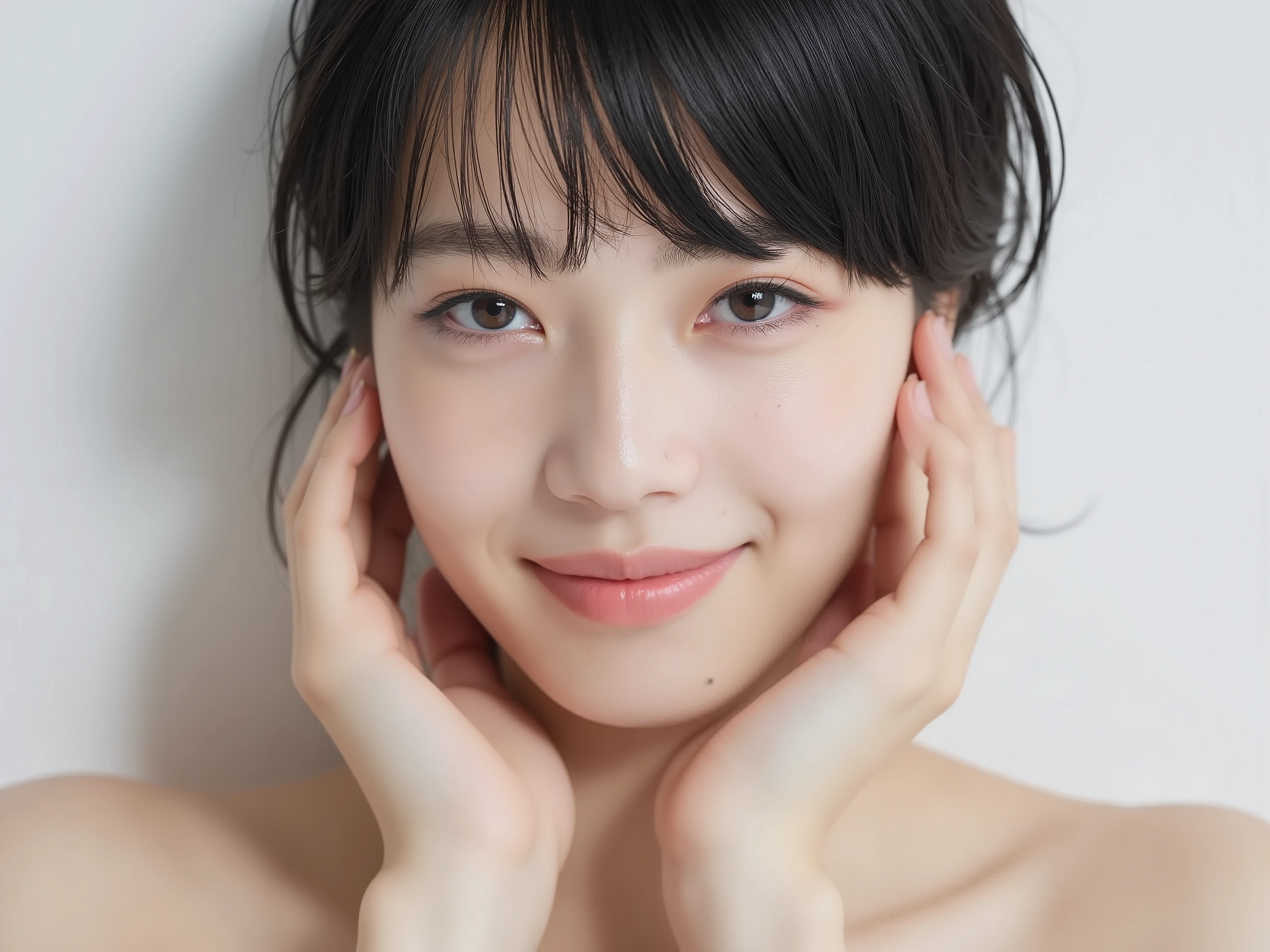 (Refined from an old photo, recreated in a modern, ultra high-quality photorealistic style, with a trendy Reiwa-era hairstyle: soft semi-long hair with natural waves and airy see-through bangs),
Ultra photorealistic close-up portrait of a beautiful Japanese woman,
upper-body shot, wearing a black outfit (completely out of frame, not visible),
shoulders and collarbone softly exposed,
both hands pressing her cheeks in a shy, lovestruck pose,
sparkling eyes gazing dreamily at the viewer with overwhelming affection,
cheeks blushing deeply with a sweet reddish glow,
soft glossy lips curved into a bright, full, lovestruck smile,
expression melting with love, playful, dreamy, adorably bashful,
purely cute and lovestruck, overflowing with affection and warmth,
realistic skin with detailed pores, subtle freckles, natural uneven tones,
tiny imperfections for realism, soft peach fuzz visible,
hair rendered with individual strands, slightly messy flow, natural matte shine,
soft diffused cinematic lighting, natural depth,
background pure white with gentle blur,
(masterpiece, best quality, high resolution, intimate romantic close-up, cinematic magazine cover style)