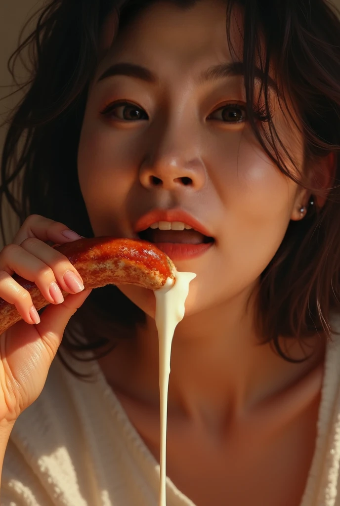 Close your eyes、 wrinkle between your eyebrows、 image of a woman with her mouth wide open and a sensual expression、 Young and Extremely Beautiful 、There is a large amount of white clear mucus in and around the mouth、Fold the tip of a huge, thick, flesh-colored sausage and hold it vertically, where