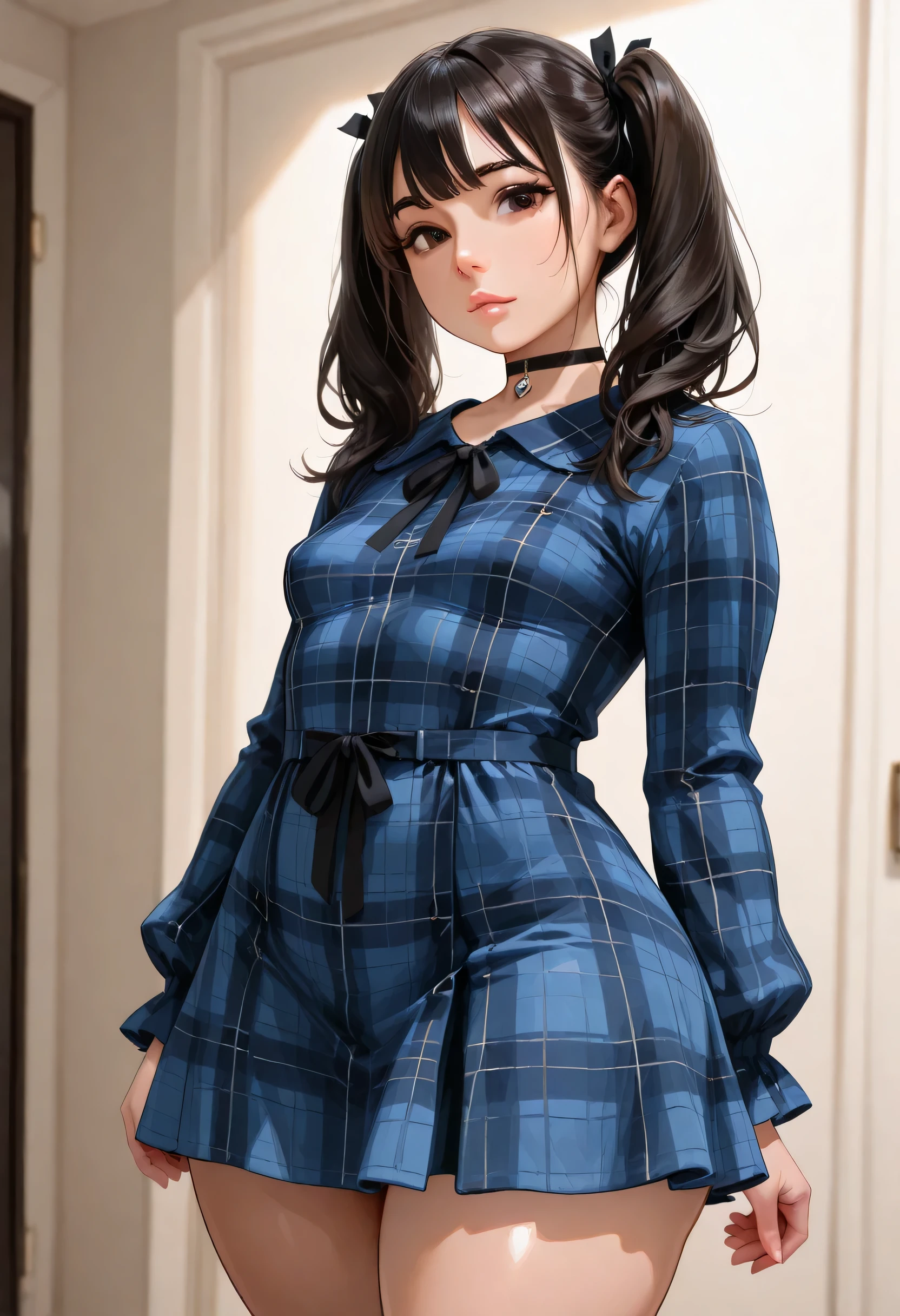 Perfect Face, Perfect Body, Long Black Hair Tied In Pigtails With Black Ribbons, Black Thin Eyebrows, Dark Brown Eyes, Nose, Lips Without Makeup, Black Choker, (Small Breasts, Perfect Breasts), (Orphan Blue Plaid Dress Adults, Long Sleeves), Standing, (Thick Thighs:1.2), Looking At Viewer