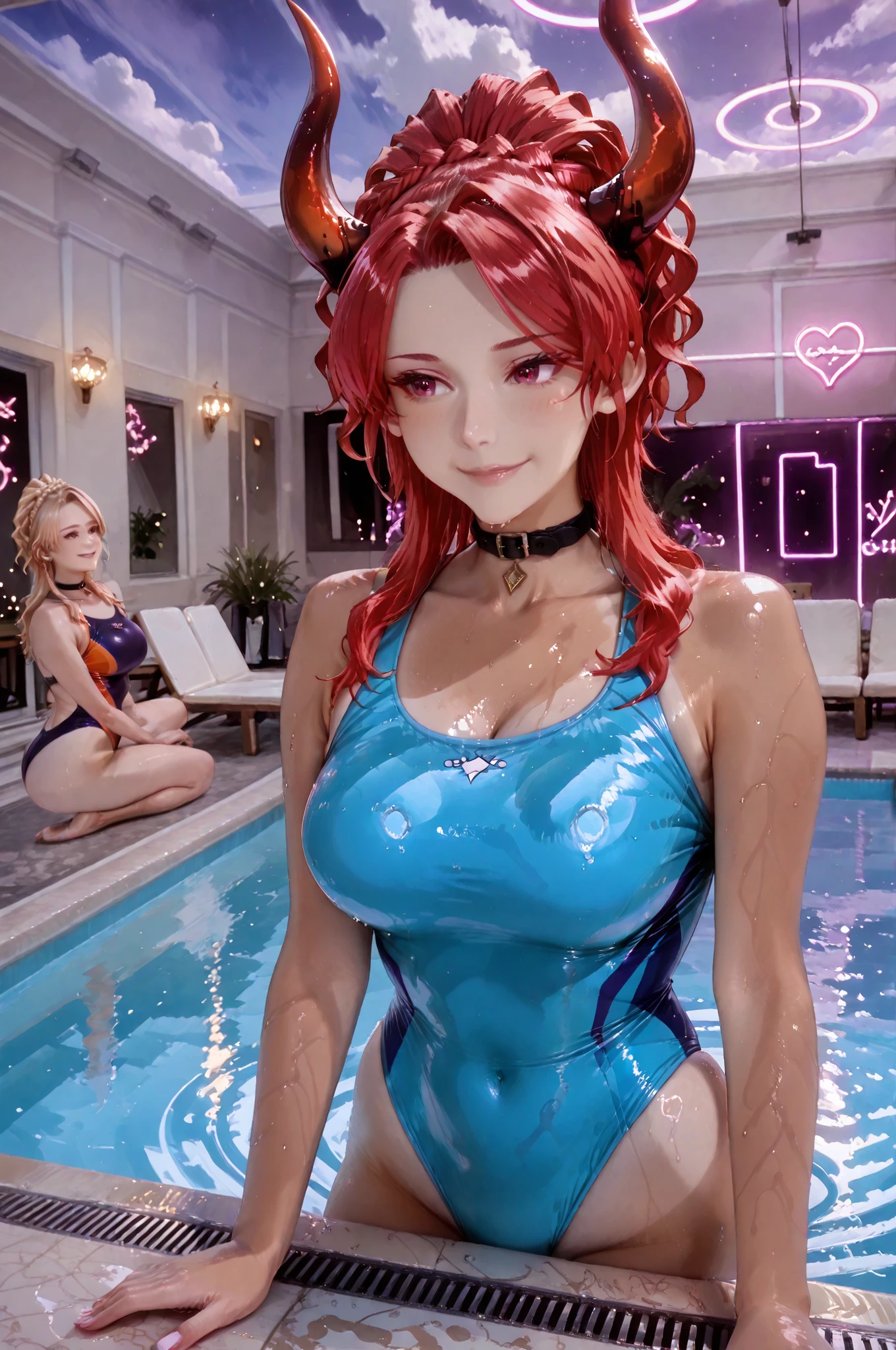 tanlines,yamamotowz,blonde hair, brown eyes, crown braid, , gyaru, dark skin, dark-skinned female, 1girl, dola \(nijisanji\), nijisanji, dragon horns, red hair, red eyes, purple, one-piece_swimsuit, competition swimsuit , black collar, belt collar, callorbone, glossy swimsuit reflecting neon lights, smooth and wet surface shining under spotlights, tilting her head slightly, looking at the camera, neckline emphasized, gentle smile, creating a calm and inviting look, choker accentuated
, shimmering water surface reflecting neon lights, ripples and splashes under the night sky,
full moonlight shining softly, clouds glowing faintly,
reflections of neon colors on glass walls and water surface,
garlands of decorative lights hanging across the poolside,
pool water glowing in vivid turquoise and purple, dreamlike reflections
focus on her neck, realistic light reflection on the choker
masterpiece, high score, great score, very aesthetic, absurdres