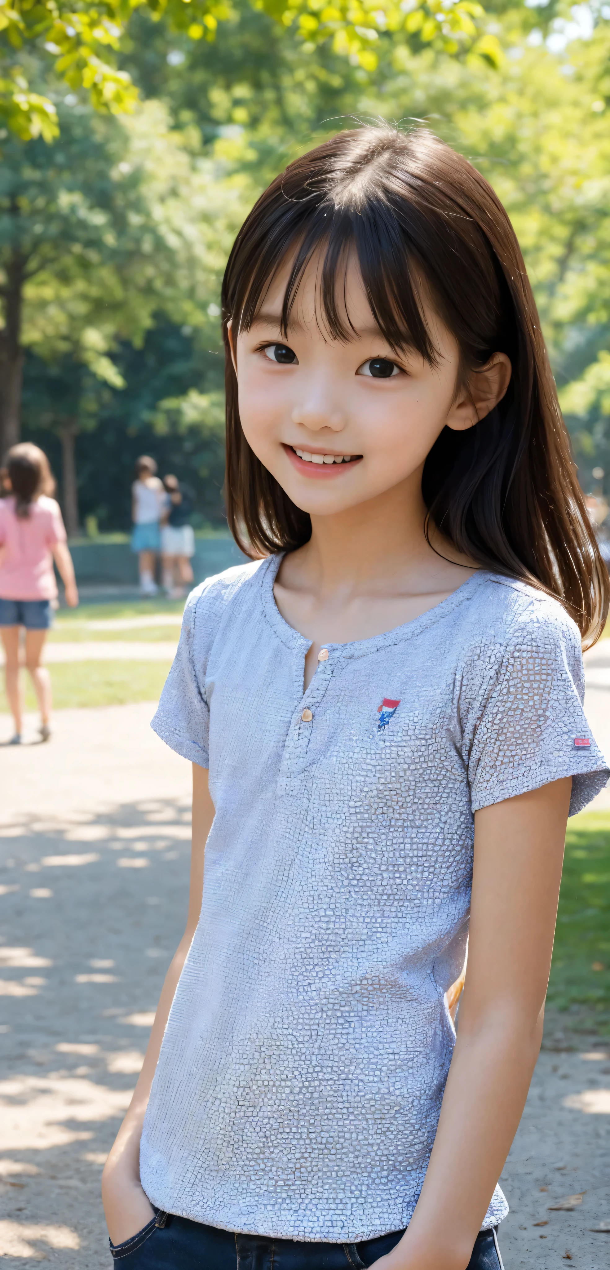 ((Highest Quality)), ((Photo Quality)), (detail), perfect face,9 years old , raise your hand ,、 thin shoulders,park where the nipples are almost visible,(smile:0.5),2 cute girls,(skinny:1.3),(Slim:1.5),flat chest