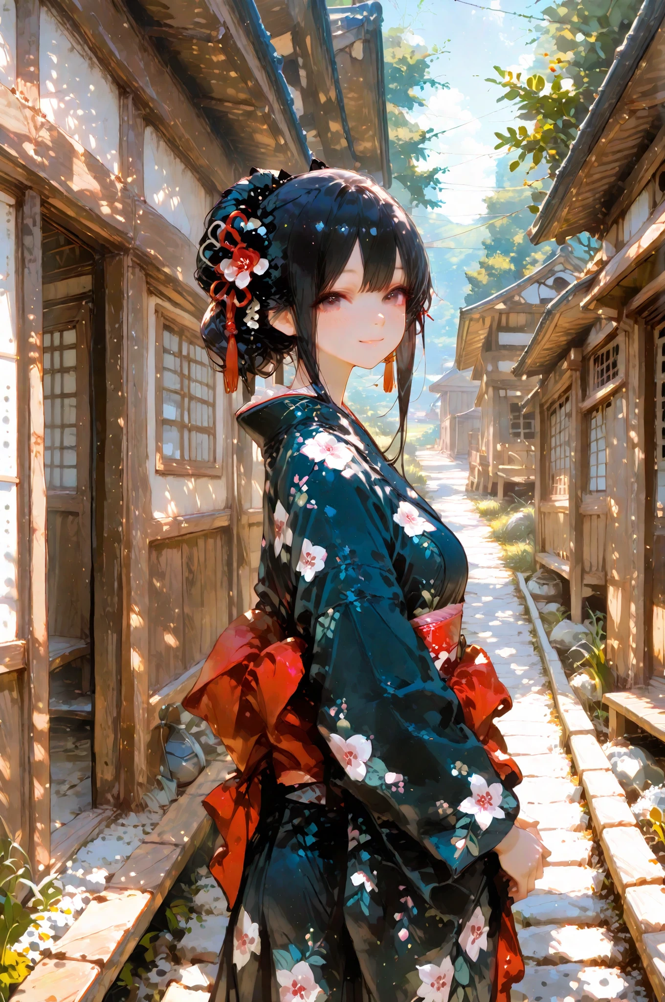Cute Japanese village girl, long black hair, traditional hair ornaments, kimono, pure and innocent atmosphere, standing on a rural village path, background with wooden houses and rice fields, soft sunlight, gentle smile, masterpiece, 4k, ultra-detailed, semi-realistic anime style,smile,looking at a viewer