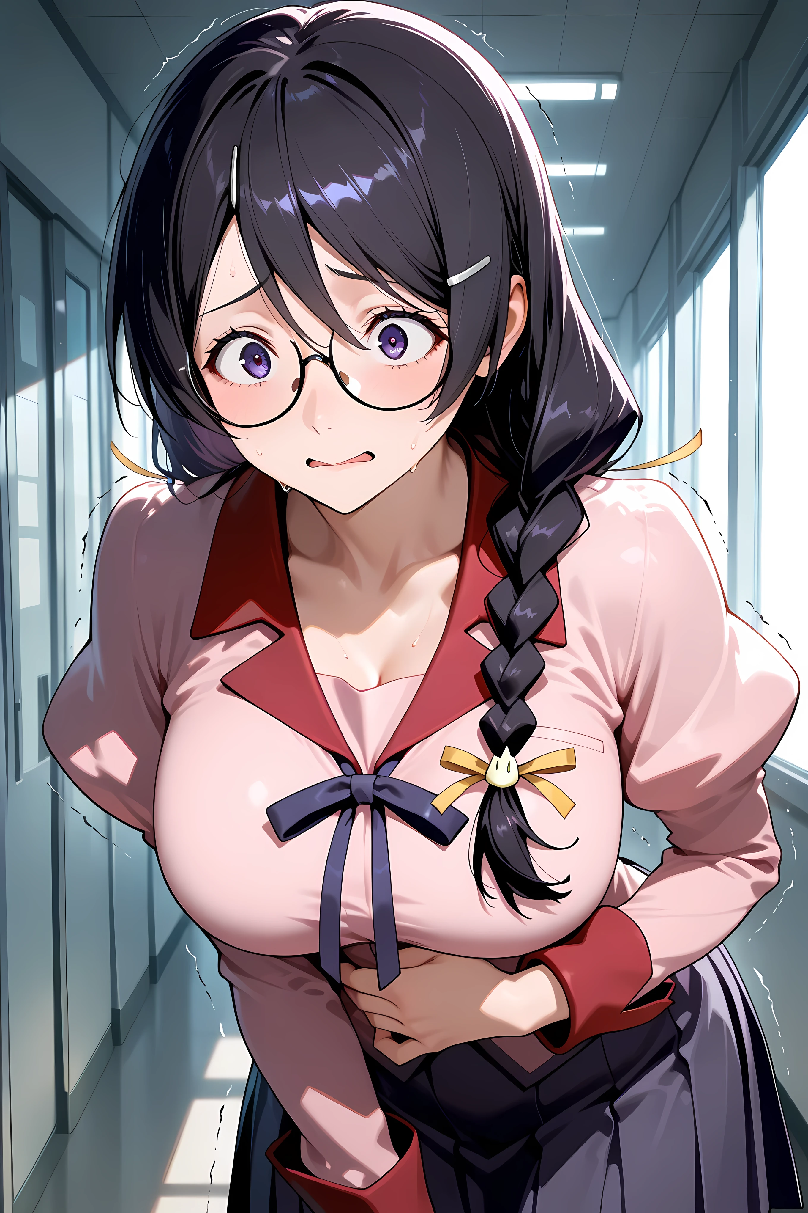 hanekawa tsubasa,glasses,braid,puffy sleeves, long sleeves, hair ornament,skirt,pink shirt,long hair,black hair,purple eyes,
upper body close up, Solo, General, masterpiece, highres, ultra-detailed, hyper-detailed, best quality, amazing quality, very aesthetic, best hands, best eyes, best hand
adult woman, 1girl, hand on own stomach, sweat, leaning forward, nervous, scared, trembling legs, school hallway