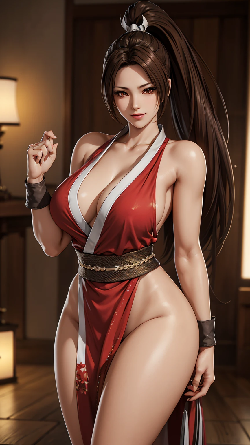 Mai Shiranui, (The King of Fighters), , poderosa, traje  de artes marciales color rojo, YOUNG, skynny body, small and beautiful , toned abdomen, beautiful , , sensual, esta en el dojo de artes marciales de Japón, dramatic background, riene abanicos en sus manos, esta rodeada de fuego, partículas de fuego la rodean, energia ardiente, ella esta dando una patada al aire, ella esta entrenando karate, sensual look, beautiful brown eyes, classic hairstyle,Hair dyed in bright brown color, best quality,4k,8k,A high resolution,masterpiece,ultra detailed,Realistic, Photorealistic,photo realistic, ultra realista 