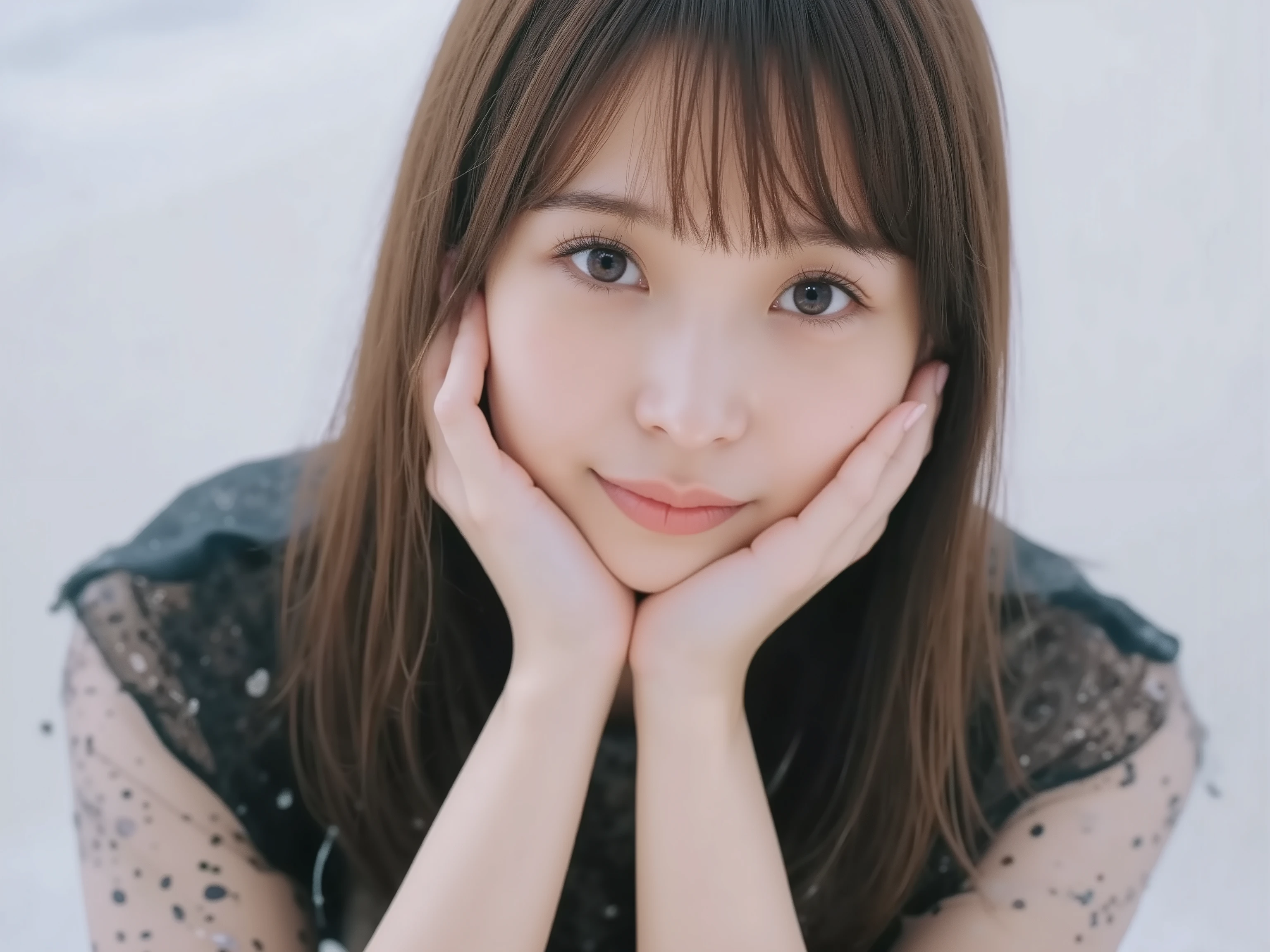 (Refined from an old photo, recreated in a modern, ultra high-quality photorealistic style, with a trendy Reiwa-era hairstyle: soft semi-long hair with natural waves and airy see-through bangs), 
Ultra photorealistic close-up portrait of a beautiful Japanese woman, 
upper-body shot, wearing a black outfit (completely out of frame, not visible), 
shoulders and collarbone softly exposed, 
both hands pressing her cheeks in a shy, lovestruck pose, 
sparkling eyes gazing dreamily at the viewer with overwhelming affection, 
cheeks blushing deeply with a sweet reddish glow, 
soft glossy lips curved into a bright, full, lovestruck smile, 
expression melting with love, playful, dreamy, adorably bashful, 
purely cute and lovestruck, overflowing with affection and warmth, 
realistic skin with detailed pores, subtle freckles, natural uneven tones, 
tiny imperfections for realism, soft peach fuzz visible, 
hair rendered with individual strands, slightly messy flow, natural matte shine, 
soft diffused cinematic lighting, natural depth, 
background pure white with gentle blur, 
(masterpiece, best quality, high resolution, intimate romantic close-up, cinematic magazine cover style)
