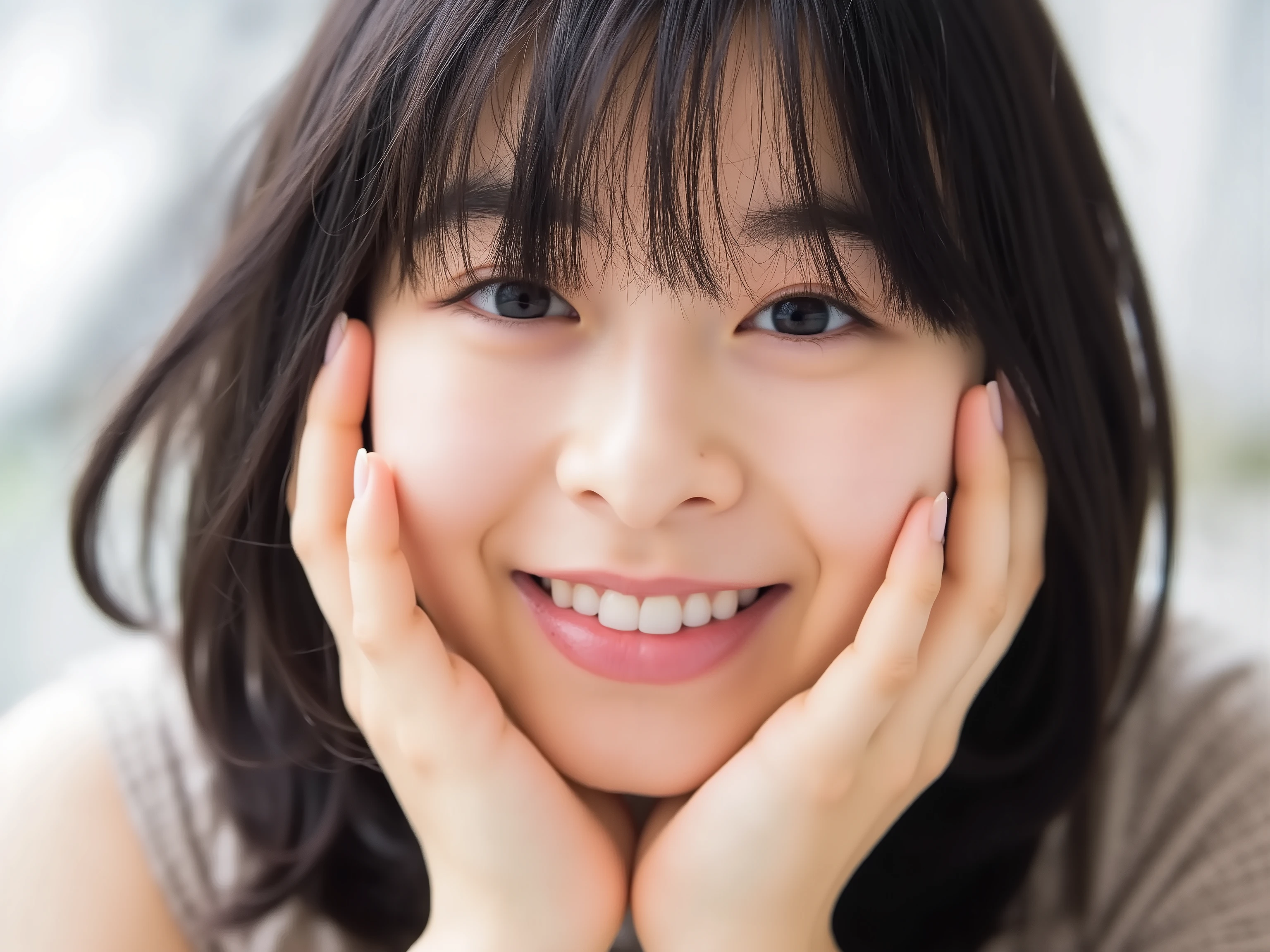 (Refined from an old photo, recreated in a modern, ultra high-quality photorealistic style, with a trendy Reiwa-era hairstyle: soft semi-long hair with natural waves and airy see-through bangs), 
Ultra photorealistic close-up portrait of a beautiful Japanese woman, 
upper-body shot, wearing a black outfit (completely out of frame, not visible), 
shoulders and collarbone softly exposed, 
both hands pressing her cheeks in a shy, lovestruck pose, 
sparkling eyes gazing dreamily at the viewer with overwhelming affection, 
cheeks blushing deeply with a sweet reddish glow, 
soft glossy lips curved into a bright, full, lovestruck smile, 
expression melting with love, playful, dreamy, adorably bashful, 
purely cute and lovestruck, overflowing with affection and warmth, 
realistic skin with detailed pores, subtle freckles, natural uneven tones, 
tiny imperfections for realism, soft peach fuzz visible, 
hair rendered with individual strands, slightly messy flow, natural matte shine, 
soft diffused cinematic lighting, natural depth, 
background pure white with gentle blur, 
(masterpiece, best quality, high resolution, intimate romantic close-up, cinematic magazine cover style)
