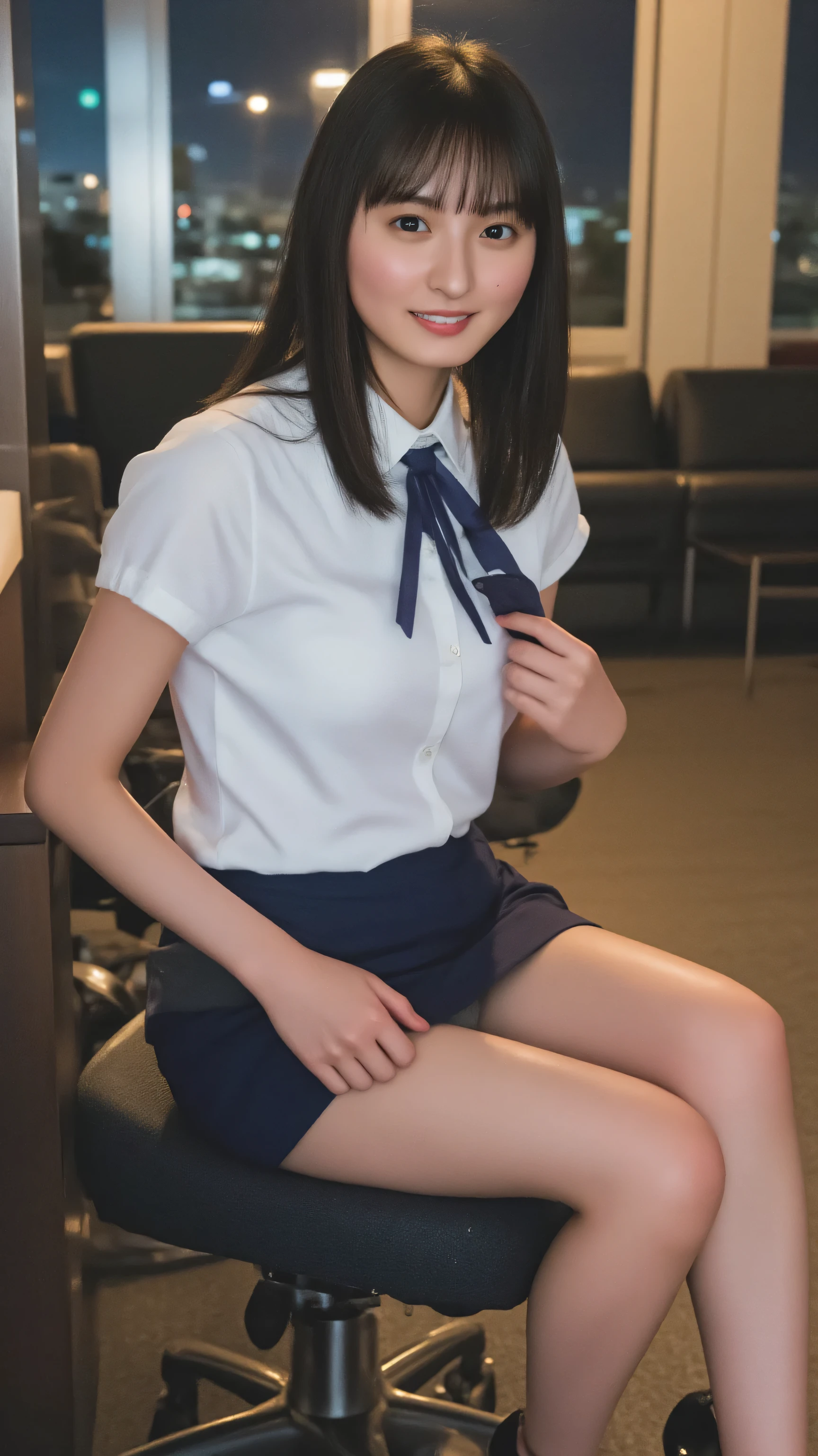 masterpiece、最High Quality:1.4、 more details :1.4、Cinematic Lighting、sexy and beautiful Japanese woman、uniform、wearing a white short-sleeved shirt、navy blue tie that pierces your crotch、dark blue pencil skirt、super realistic pantyhose、shiny pantyhose、luxury pantyhose、realistic black tights、black enamel high heels、Beautiful Hip Line、beautiful thighs、empty office in a skyscraper at night、is sitting on a chair、sitting, panties、showing white panties、OL、long hair、bungs、surrealism、written depth、angle from bottom、high resolution、MESH FILM、masterpiece、correct、解剖学的にcorrect、textured skin、 more details 、Highly detailed、High Quality、最High Quality、high resolution、1080P、4K、8k、16k