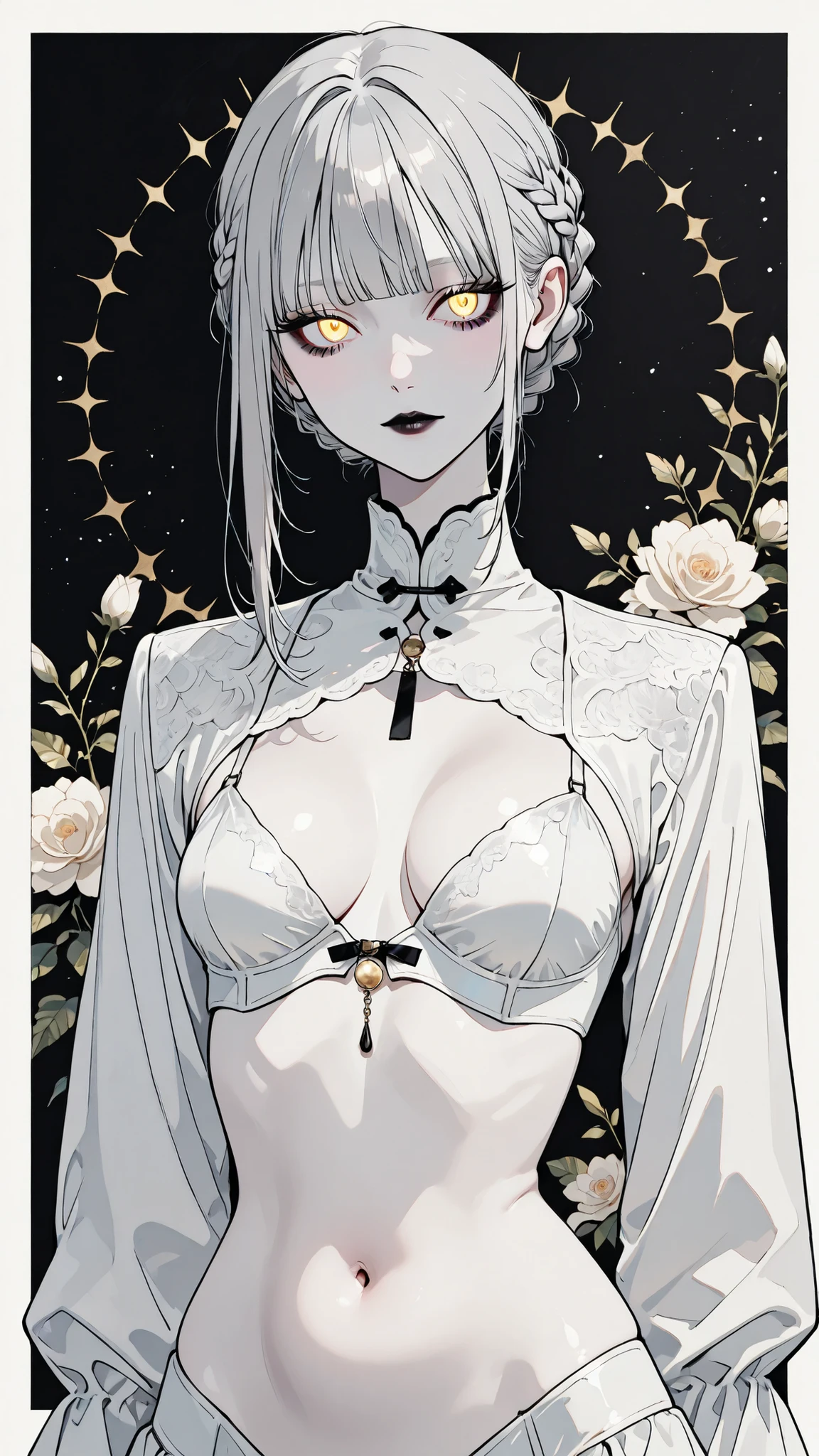 甘顔GANG BOSS、Highest Quality 、masterpiece、 Original photo、 Film Grain 、8k、(((upper body portrait、belly button)))、cute gang、 Face direction 、very cute girl 、cute face、perfect beauty、Albino Girl、pale face_eye_lips、black lips、Highly detailed eyes and face、 grey hair:1.37、 French braid :1.48、 Blue and white skin、Light-pigmented eyes、GANG BOSS、Suit、深紅のSuit、 Ruthless